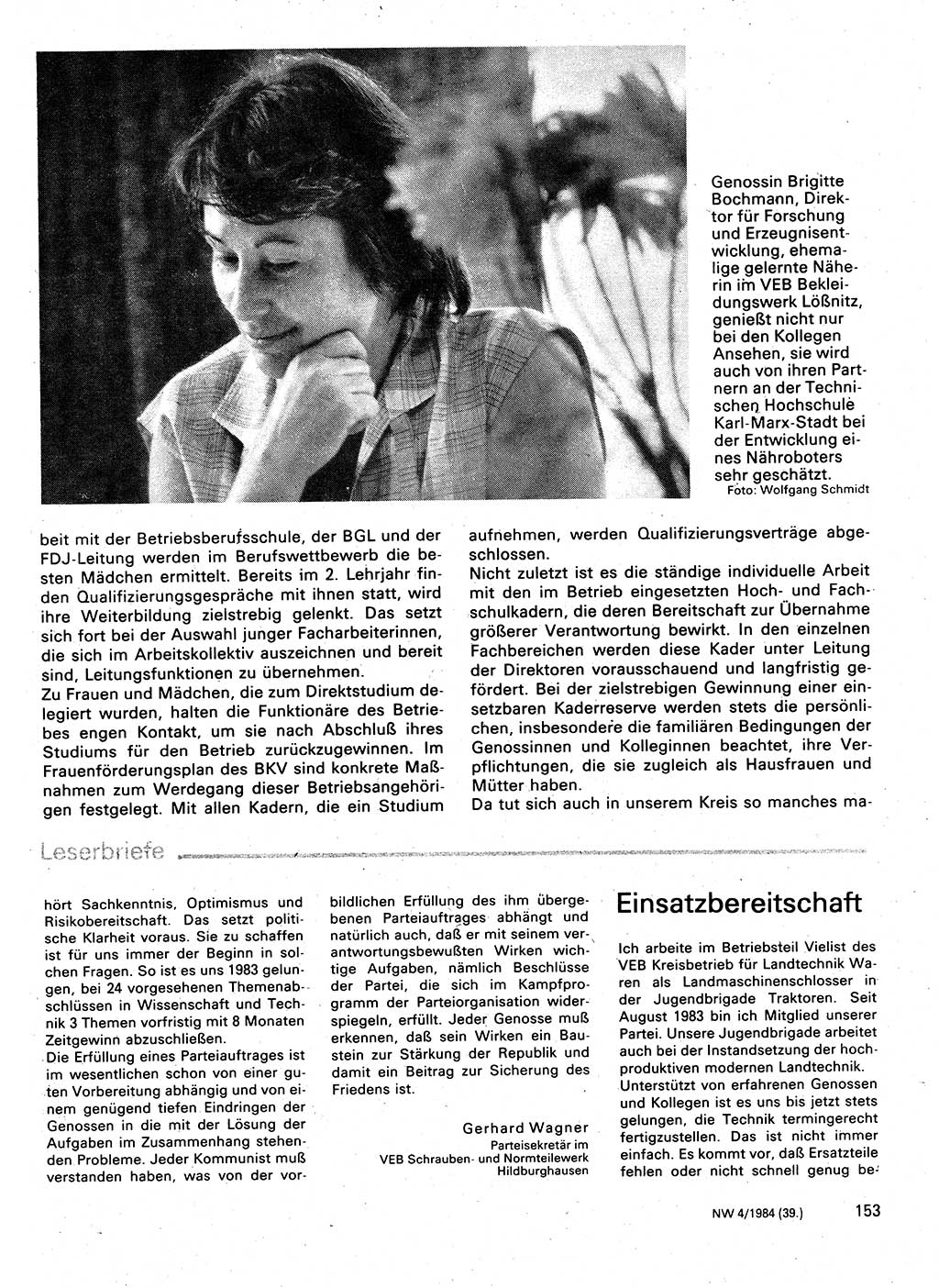 Neuer Weg (NW), Organ des Zentralkomitees (ZK) der SED (Sozialistische Einheitspartei Deutschlands) für Fragen des Parteilebens, 39. Jahrgang [Deutsche Demokratische Republik (DDR)] 1984, Seite 153 (NW ZK SED DDR 1984, S. 153)