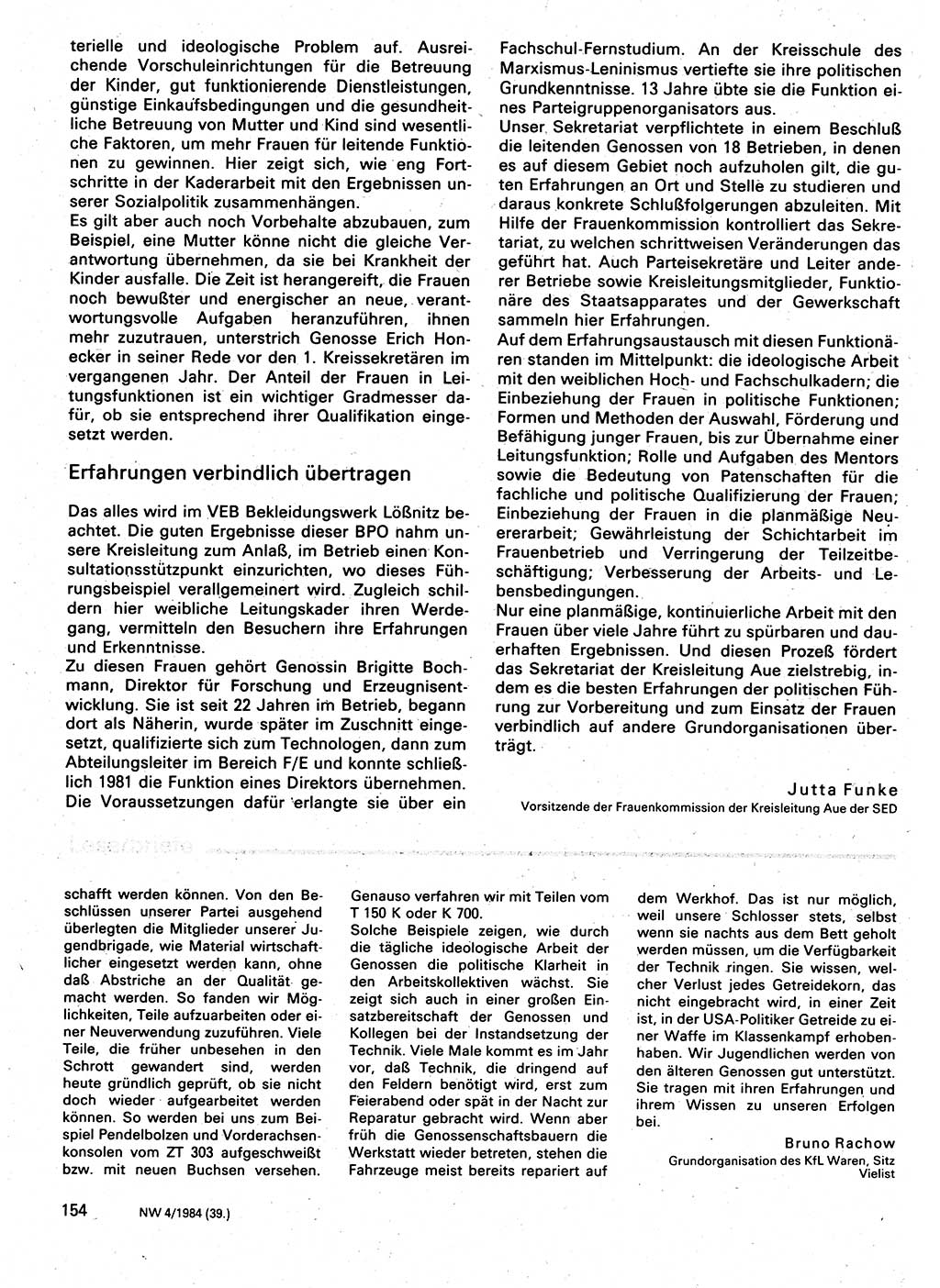 Neuer Weg (NW), Organ des Zentralkomitees (ZK) der SED (Sozialistische Einheitspartei Deutschlands) für Fragen des Parteilebens, 39. Jahrgang [Deutsche Demokratische Republik (DDR)] 1984, Seite 154 (NW ZK SED DDR 1984, S. 154)