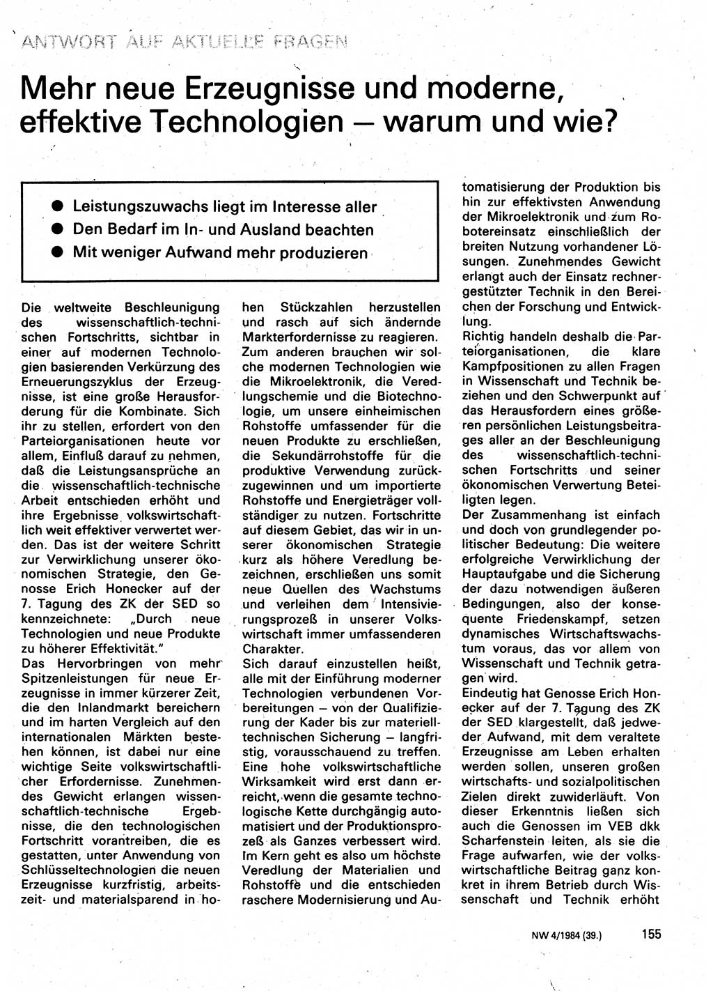 Neuer Weg (NW), Organ des Zentralkomitees (ZK) der SED (Sozialistische Einheitspartei Deutschlands) für Fragen des Parteilebens, 39. Jahrgang [Deutsche Demokratische Republik (DDR)] 1984, Seite 155 (NW ZK SED DDR 1984, S. 155)