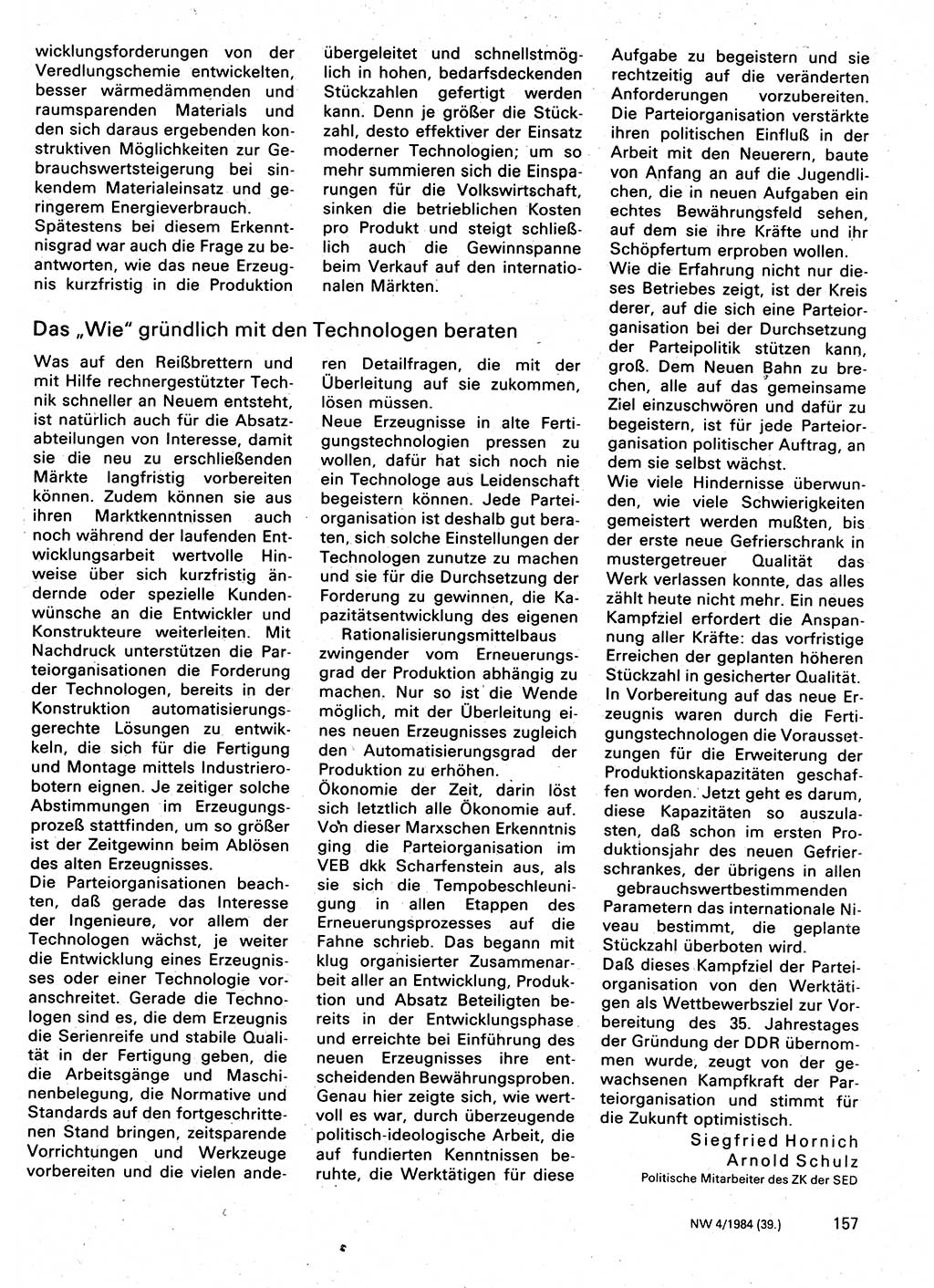 Neuer Weg (NW), Organ des Zentralkomitees (ZK) der SED (Sozialistische Einheitspartei Deutschlands) für Fragen des Parteilebens, 39. Jahrgang [Deutsche Demokratische Republik (DDR)] 1984, Seite 157 (NW ZK SED DDR 1984, S. 157)