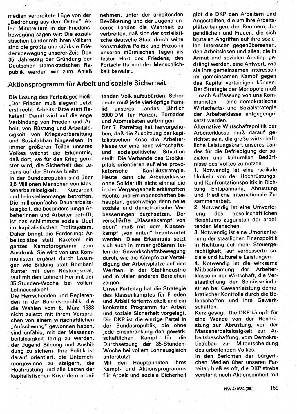 Neuer Weg (NW), Organ des Zentralkomitees (ZK) der SED (Sozialistische Einheitspartei Deutschlands) für Fragen des Parteilebens, 39. Jahrgang [Deutsche Demokratische Republik (DDR)] 1984, Seite 159 (NW ZK SED DDR 1984, S. 159)