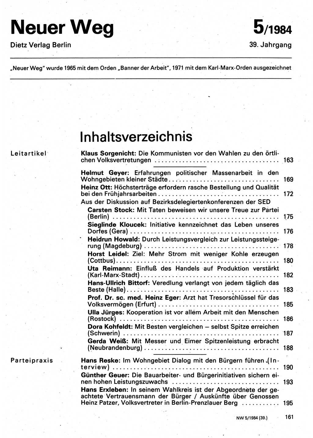Neuer Weg (NW), Organ des Zentralkomitees (ZK) der SED (Sozialistische Einheitspartei Deutschlands) für Fragen des Parteilebens, 39. Jahrgang [Deutsche Demokratische Republik (DDR)] 1984, Seite 161 (NW ZK SED DDR 1984, S. 161)