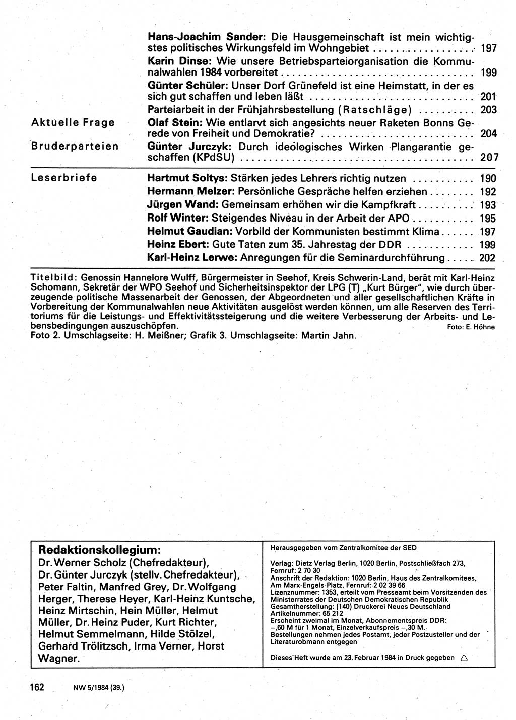 Neuer Weg (NW), Organ des Zentralkomitees (ZK) der SED (Sozialistische Einheitspartei Deutschlands) für Fragen des Parteilebens, 39. Jahrgang [Deutsche Demokratische Republik (DDR)] 1984, Seite 162 (NW ZK SED DDR 1984, S. 162)