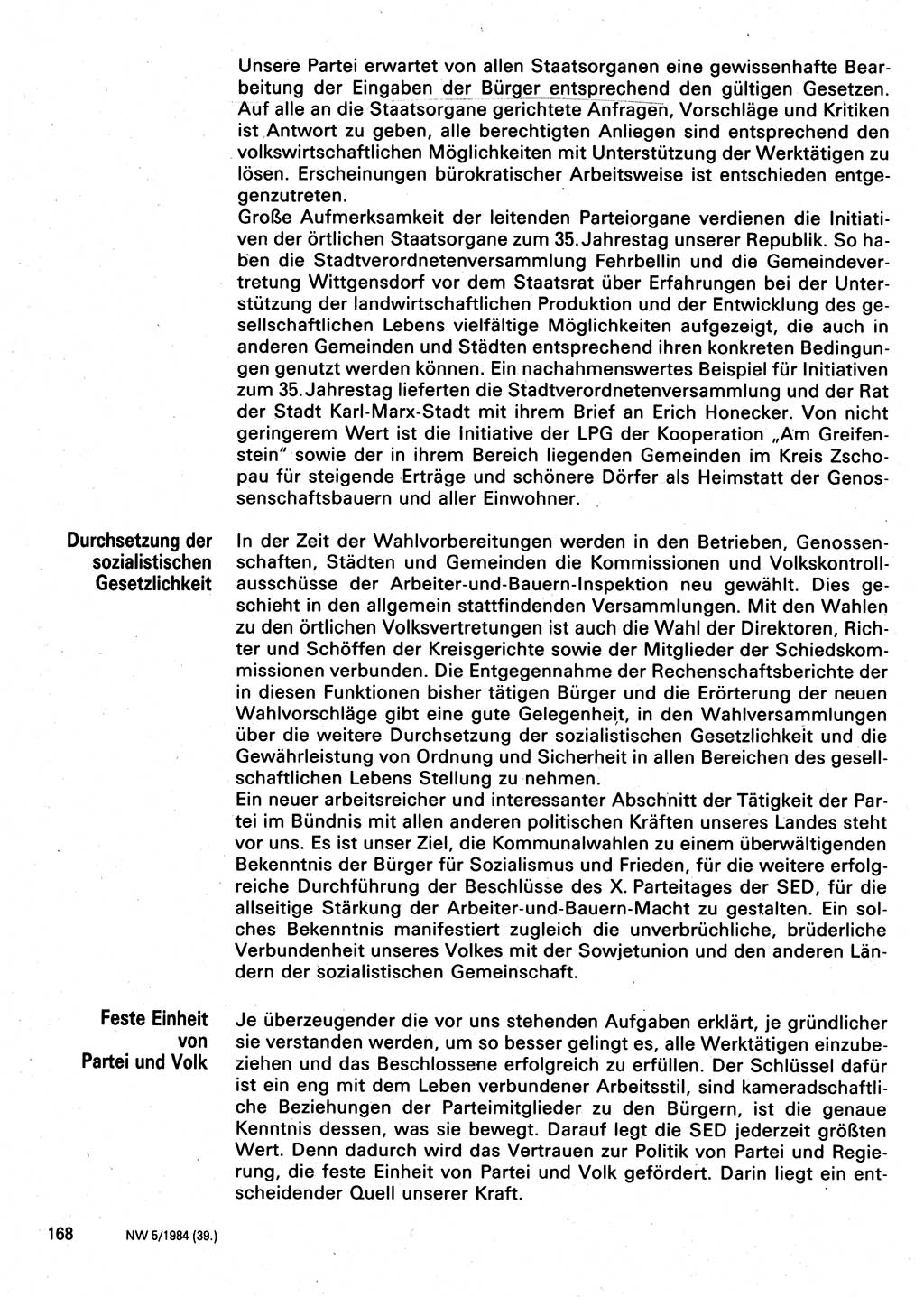 Neuer Weg (NW), Organ des Zentralkomitees (ZK) der SED (Sozialistische Einheitspartei Deutschlands) für Fragen des Parteilebens, 39. Jahrgang [Deutsche Demokratische Republik (DDR)] 1984, Seite 168 (NW ZK SED DDR 1984, S. 168)