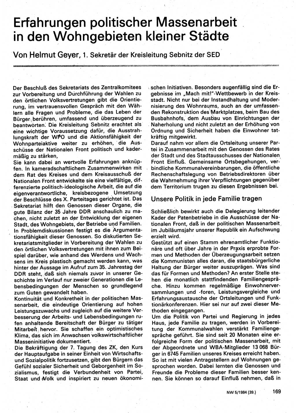 Neuer Weg (NW), Organ des Zentralkomitees (ZK) der SED (Sozialistische Einheitspartei Deutschlands) für Fragen des Parteilebens, 39. Jahrgang [Deutsche Demokratische Republik (DDR)] 1984, Seite 169 (NW ZK SED DDR 1984, S. 169)