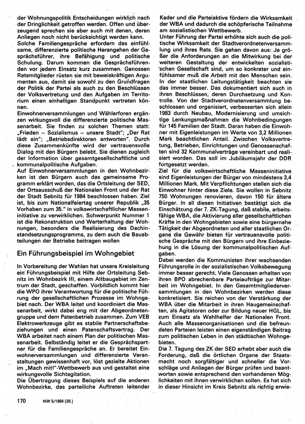 Neuer Weg (NW), Organ des Zentralkomitees (ZK) der SED (Sozialistische Einheitspartei Deutschlands) für Fragen des Parteilebens, 39. Jahrgang [Deutsche Demokratische Republik (DDR)] 1984, Seite 170 (NW ZK SED DDR 1984, S. 170)