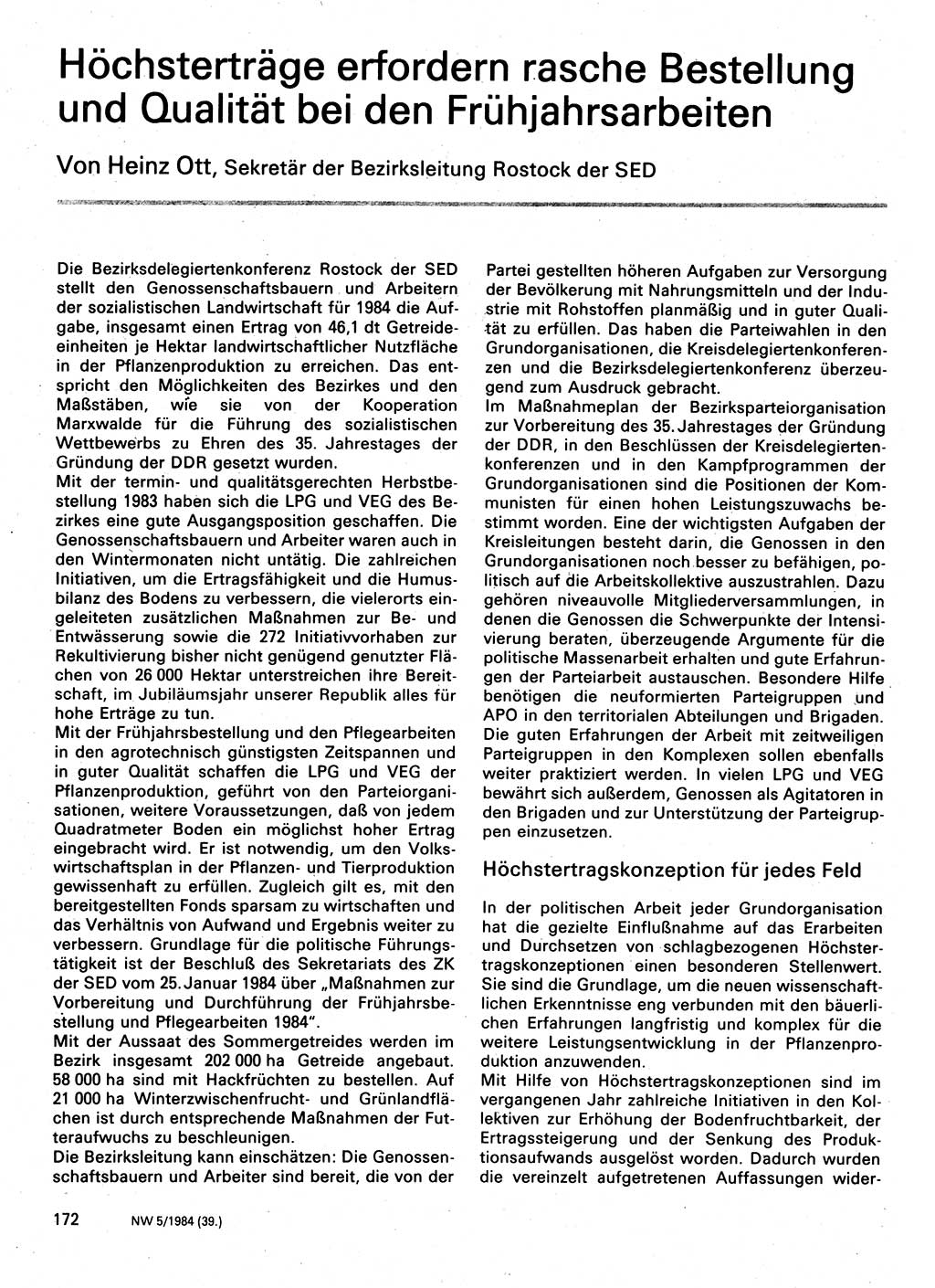 Neuer Weg (NW), Organ des Zentralkomitees (ZK) der SED (Sozialistische Einheitspartei Deutschlands) für Fragen des Parteilebens, 39. Jahrgang [Deutsche Demokratische Republik (DDR)] 1984, Seite 172 (NW ZK SED DDR 1984, S. 172)