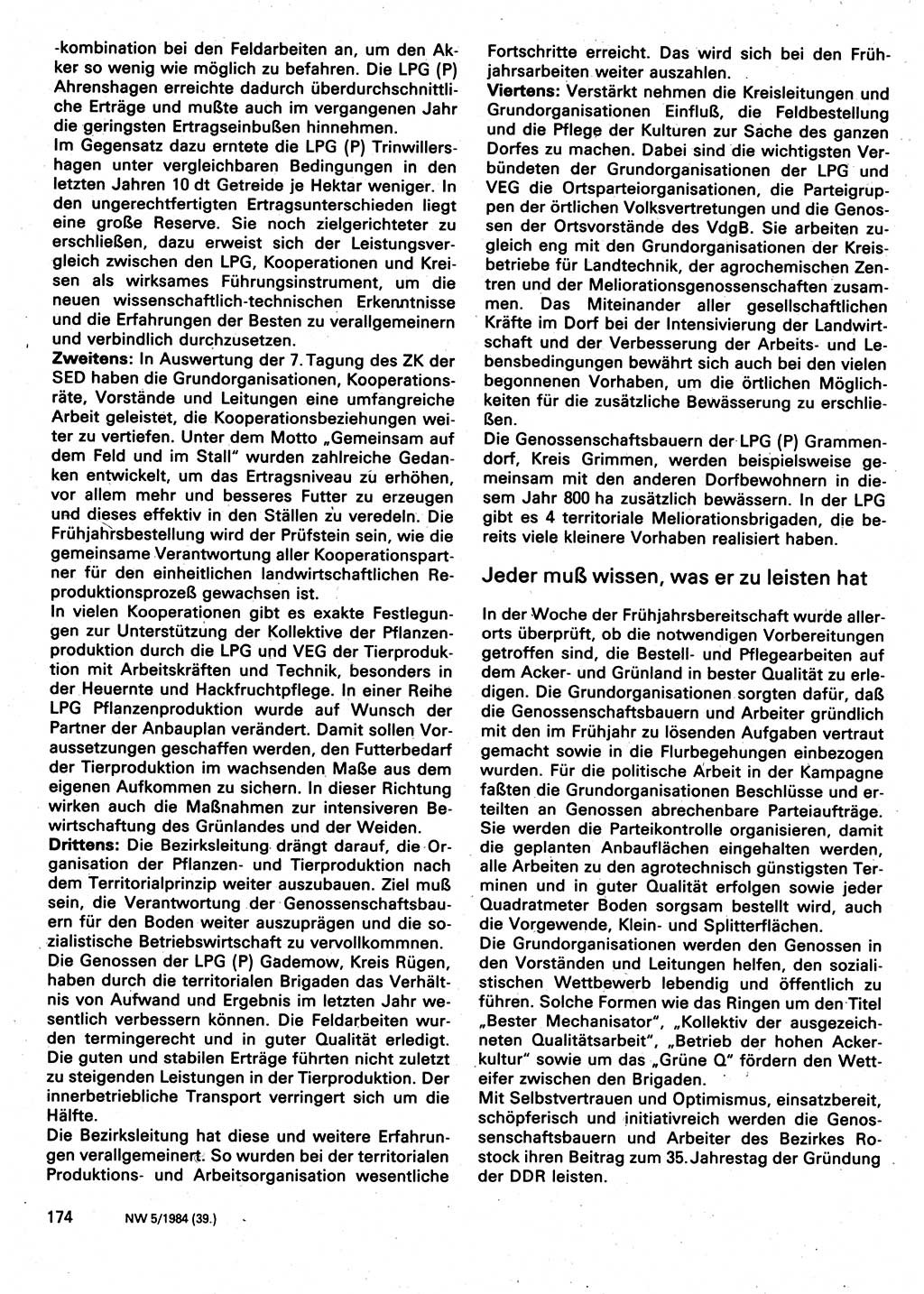 Neuer Weg (NW), Organ des Zentralkomitees (ZK) der SED (Sozialistische Einheitspartei Deutschlands) für Fragen des Parteilebens, 39. Jahrgang [Deutsche Demokratische Republik (DDR)] 1984, Seite 174 (NW ZK SED DDR 1984, S. 174)
