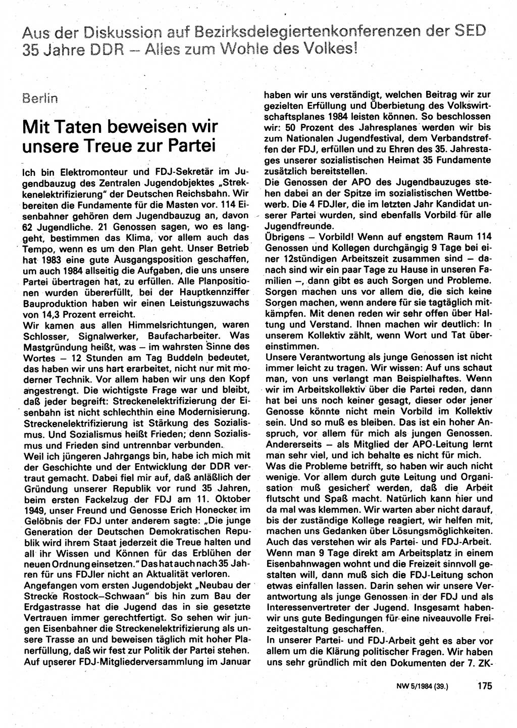 Neuer Weg (NW), Organ des Zentralkomitees (ZK) der SED (Sozialistische Einheitspartei Deutschlands) für Fragen des Parteilebens, 39. Jahrgang [Deutsche Demokratische Republik (DDR)] 1984, Seite 175 (NW ZK SED DDR 1984, S. 175)