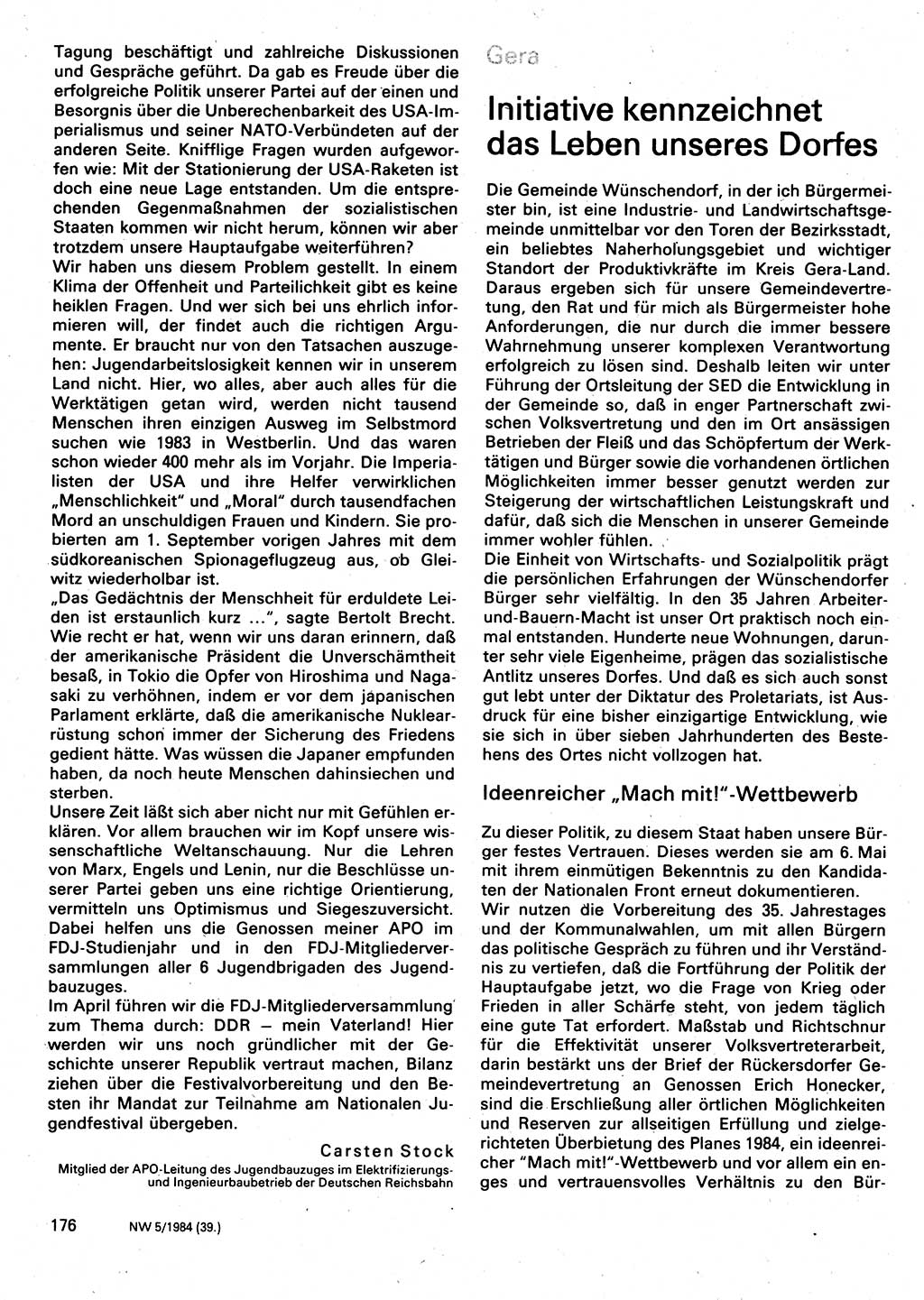 Neuer Weg (NW), Organ des Zentralkomitees (ZK) der SED (Sozialistische Einheitspartei Deutschlands) für Fragen des Parteilebens, 39. Jahrgang [Deutsche Demokratische Republik (DDR)] 1984, Seite 176 (NW ZK SED DDR 1984, S. 176)