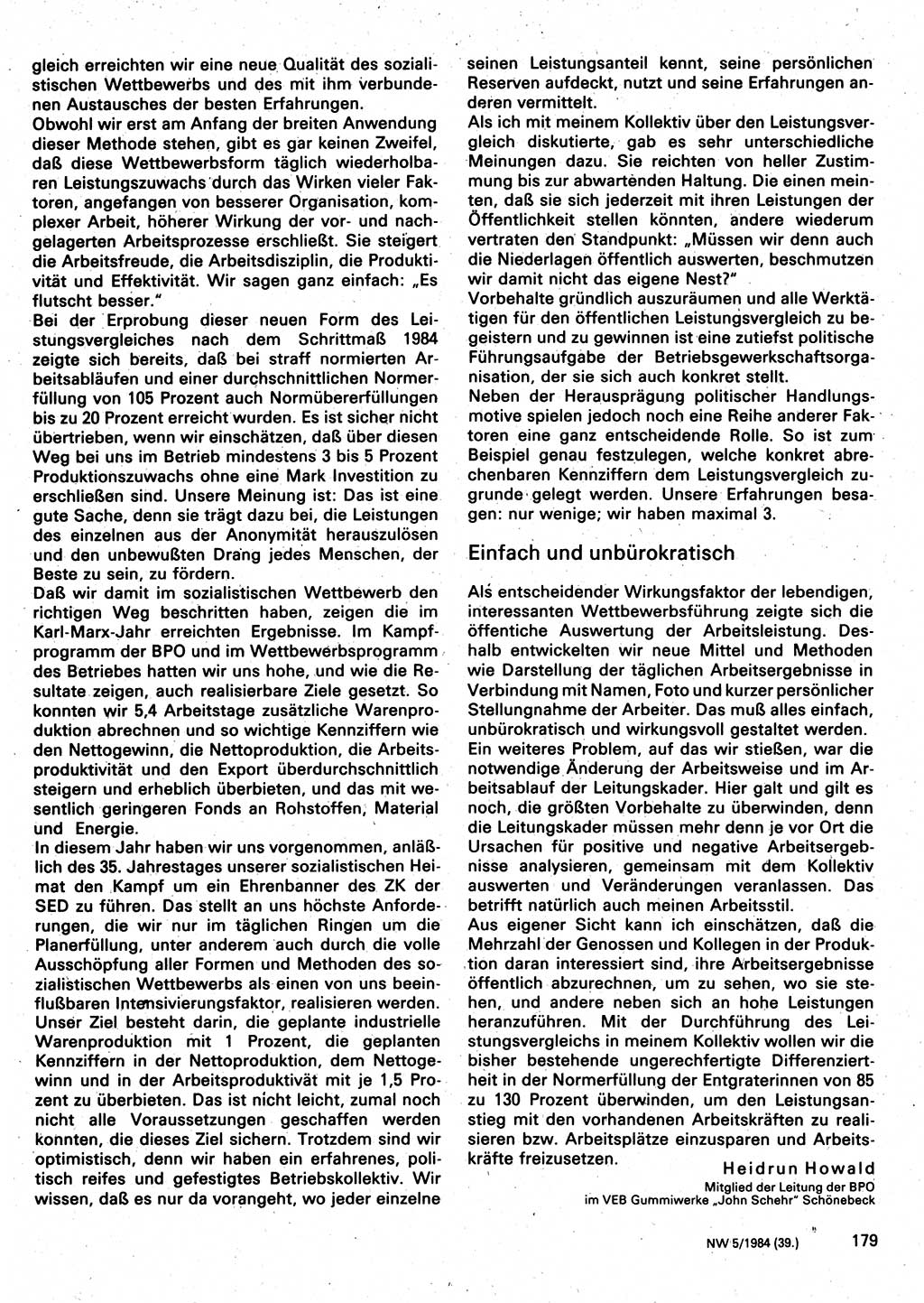 Neuer Weg (NW), Organ des Zentralkomitees (ZK) der SED (Sozialistische Einheitspartei Deutschlands) für Fragen des Parteilebens, 39. Jahrgang [Deutsche Demokratische Republik (DDR)] 1984, Seite 179 (NW ZK SED DDR 1984, S. 179)