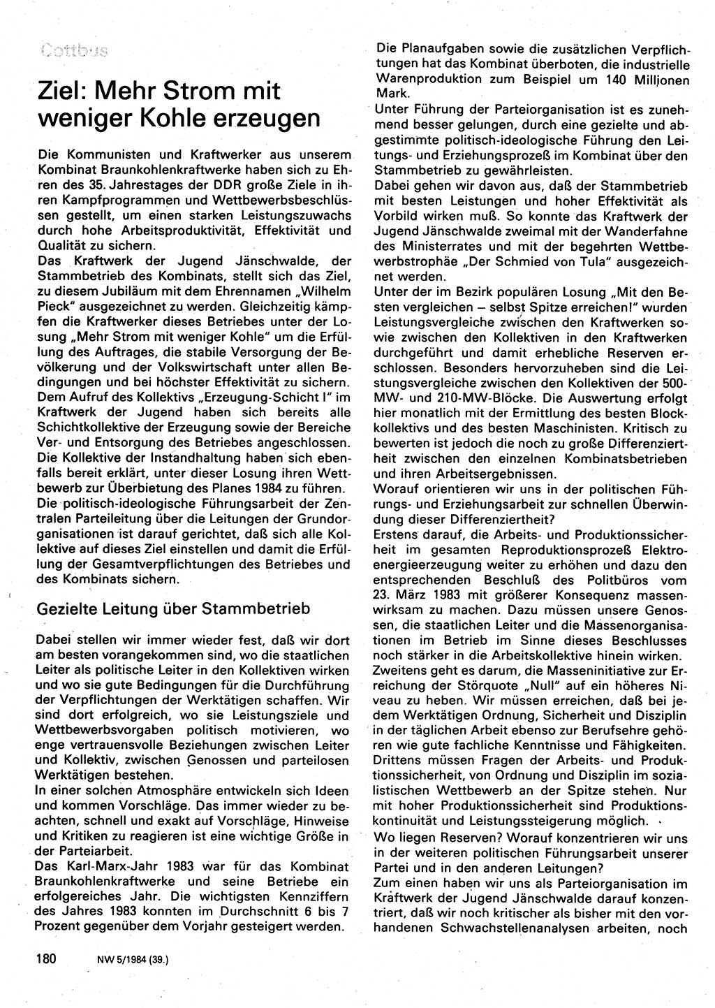 Neuer Weg (NW), Organ des Zentralkomitees (ZK) der SED (Sozialistische Einheitspartei Deutschlands) für Fragen des Parteilebens, 39. Jahrgang [Deutsche Demokratische Republik (DDR)] 1984, Seite 180 (NW ZK SED DDR 1984, S. 180)