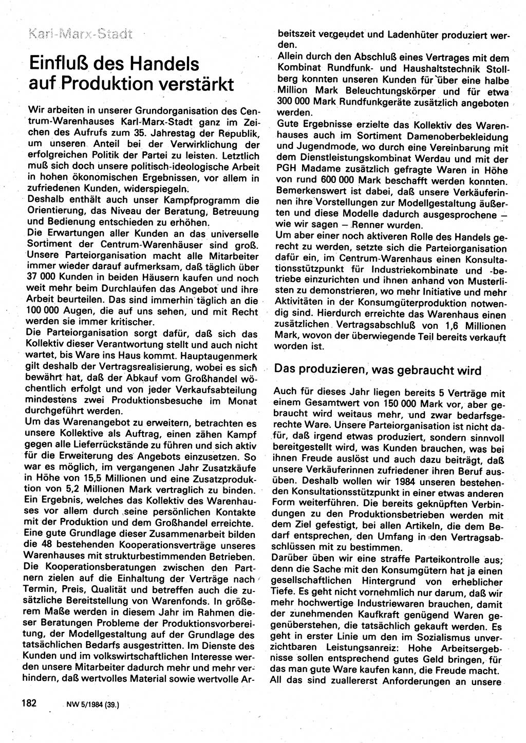 Neuer Weg (NW), Organ des Zentralkomitees (ZK) der SED (Sozialistische Einheitspartei Deutschlands) für Fragen des Parteilebens, 39. Jahrgang [Deutsche Demokratische Republik (DDR)] 1984, Seite 182 (NW ZK SED DDR 1984, S. 182)