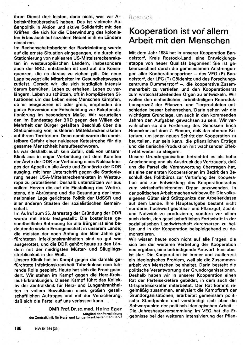 Neuer Weg (NW), Organ des Zentralkomitees (ZK) der SED (Sozialistische Einheitspartei Deutschlands) für Fragen des Parteilebens, 39. Jahrgang [Deutsche Demokratische Republik (DDR)] 1984, Seite 186 (NW ZK SED DDR 1984, S. 186)
