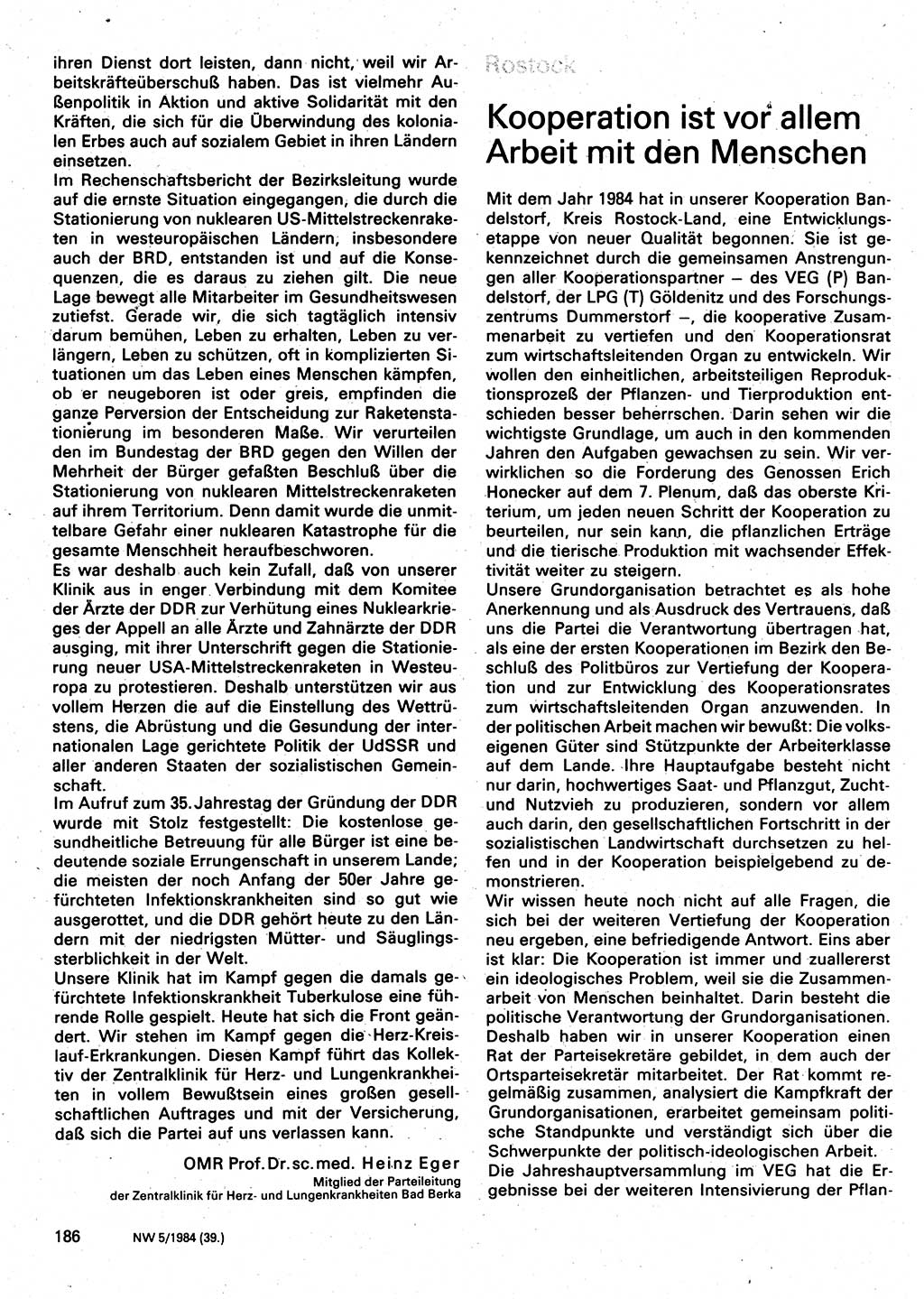 Neuer Weg (NW), Organ des Zentralkomitees (ZK) der SED (Sozialistische Einheitspartei Deutschlands) für Fragen des Parteilebens, 39. Jahrgang [Deutsche Demokratische Republik (DDR)] 1984, Seite 186 (NW ZK SED DDR 1984, S. 186)