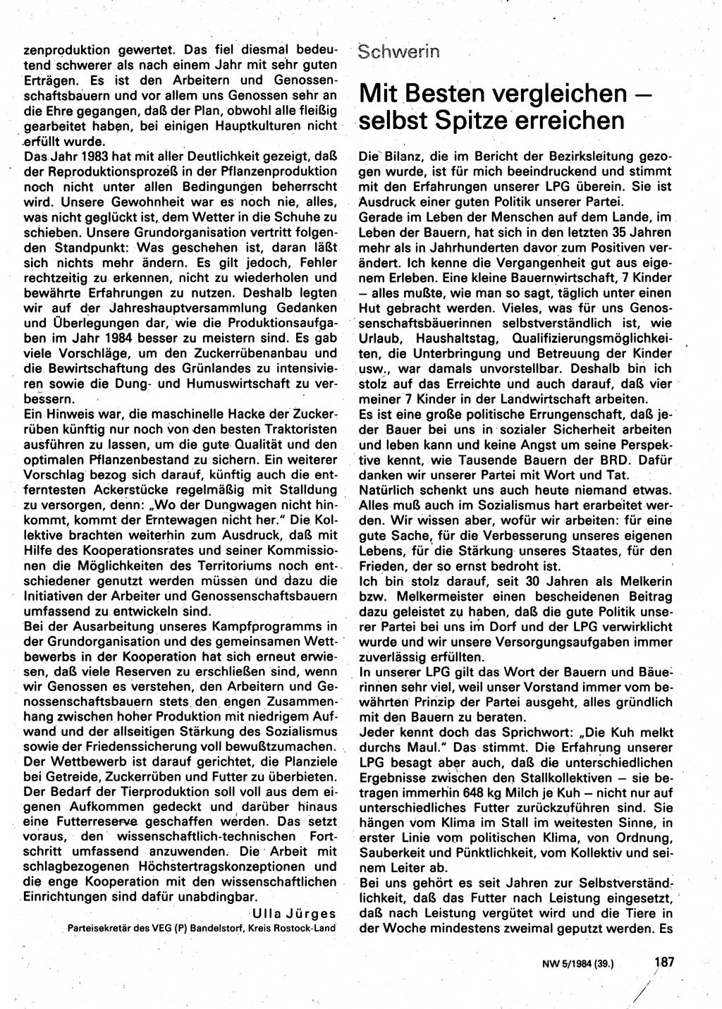 Neuer Weg (NW), Organ des Zentralkomitees (ZK) der SED (Sozialistische Einheitspartei Deutschlands) für Fragen des Parteilebens, 39. Jahrgang [Deutsche Demokratische Republik (DDR)] 1984, Seite 187 (NW ZK SED DDR 1984, S. 187)