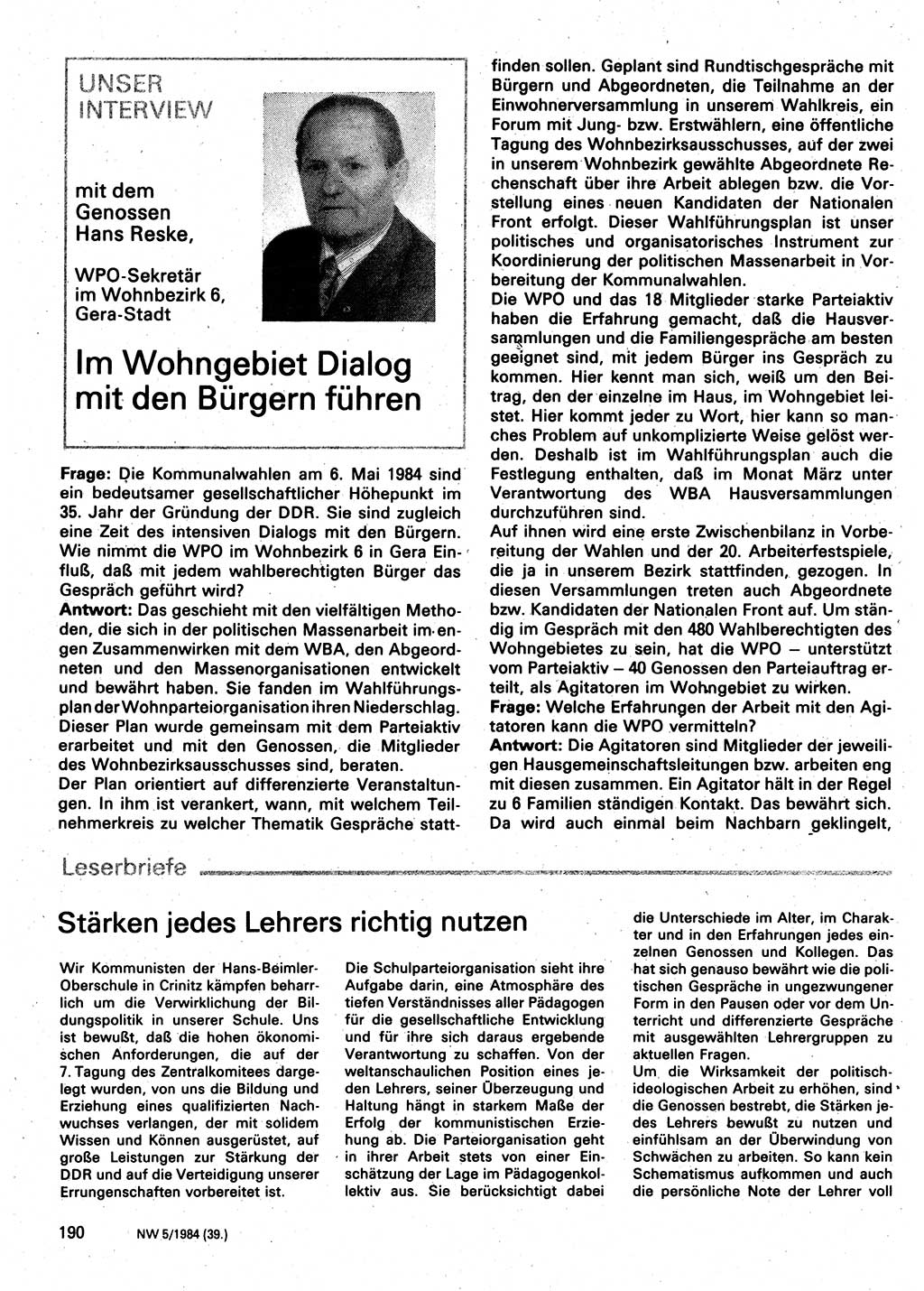 Neuer Weg (NW), Organ des Zentralkomitees (ZK) der SED (Sozialistische Einheitspartei Deutschlands) für Fragen des Parteilebens, 39. Jahrgang [Deutsche Demokratische Republik (DDR)] 1984, Seite 190 (NW ZK SED DDR 1984, S. 190)