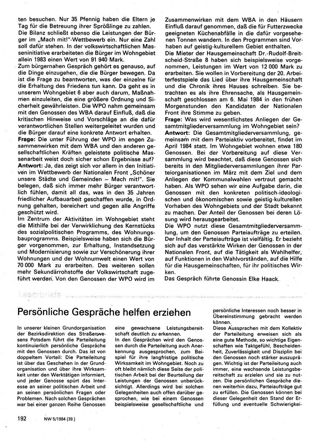 Neuer Weg (NW), Organ des Zentralkomitees (ZK) der SED (Sozialistische Einheitspartei Deutschlands) für Fragen des Parteilebens, 39. Jahrgang [Deutsche Demokratische Republik (DDR)] 1984, Seite 192 (NW ZK SED DDR 1984, S. 192)