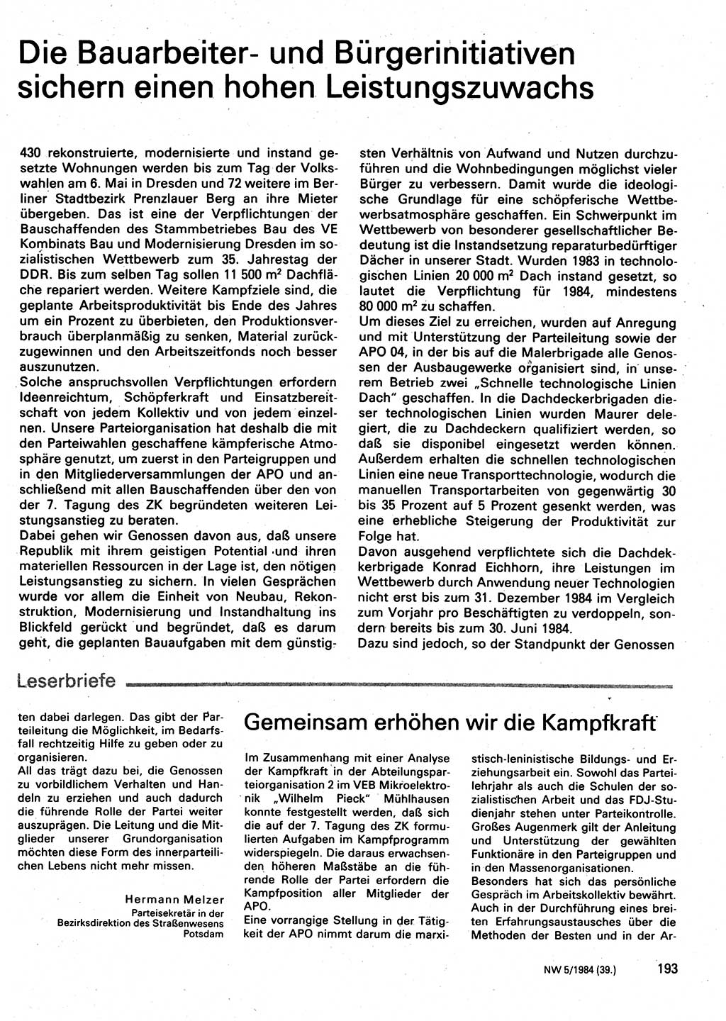 Neuer Weg (NW), Organ des Zentralkomitees (ZK) der SED (Sozialistische Einheitspartei Deutschlands) für Fragen des Parteilebens, 39. Jahrgang [Deutsche Demokratische Republik (DDR)] 1984, Seite 193 (NW ZK SED DDR 1984, S. 193)