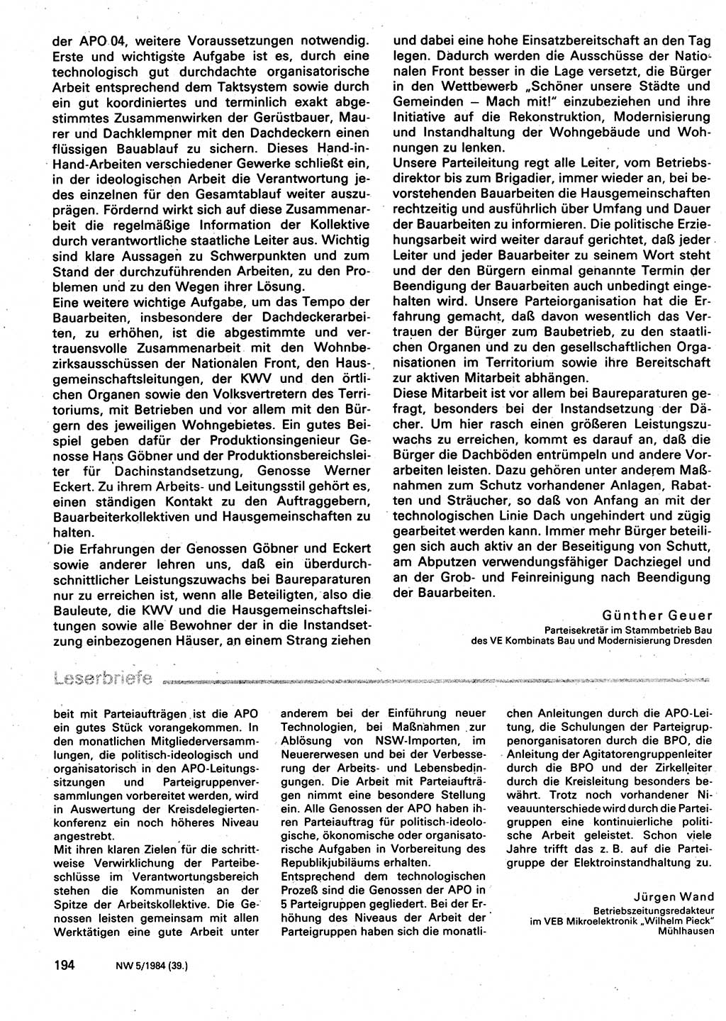 Neuer Weg (NW), Organ des Zentralkomitees (ZK) der SED (Sozialistische Einheitspartei Deutschlands) für Fragen des Parteilebens, 39. Jahrgang [Deutsche Demokratische Republik (DDR)] 1984, Seite 194 (NW ZK SED DDR 1984, S. 194)