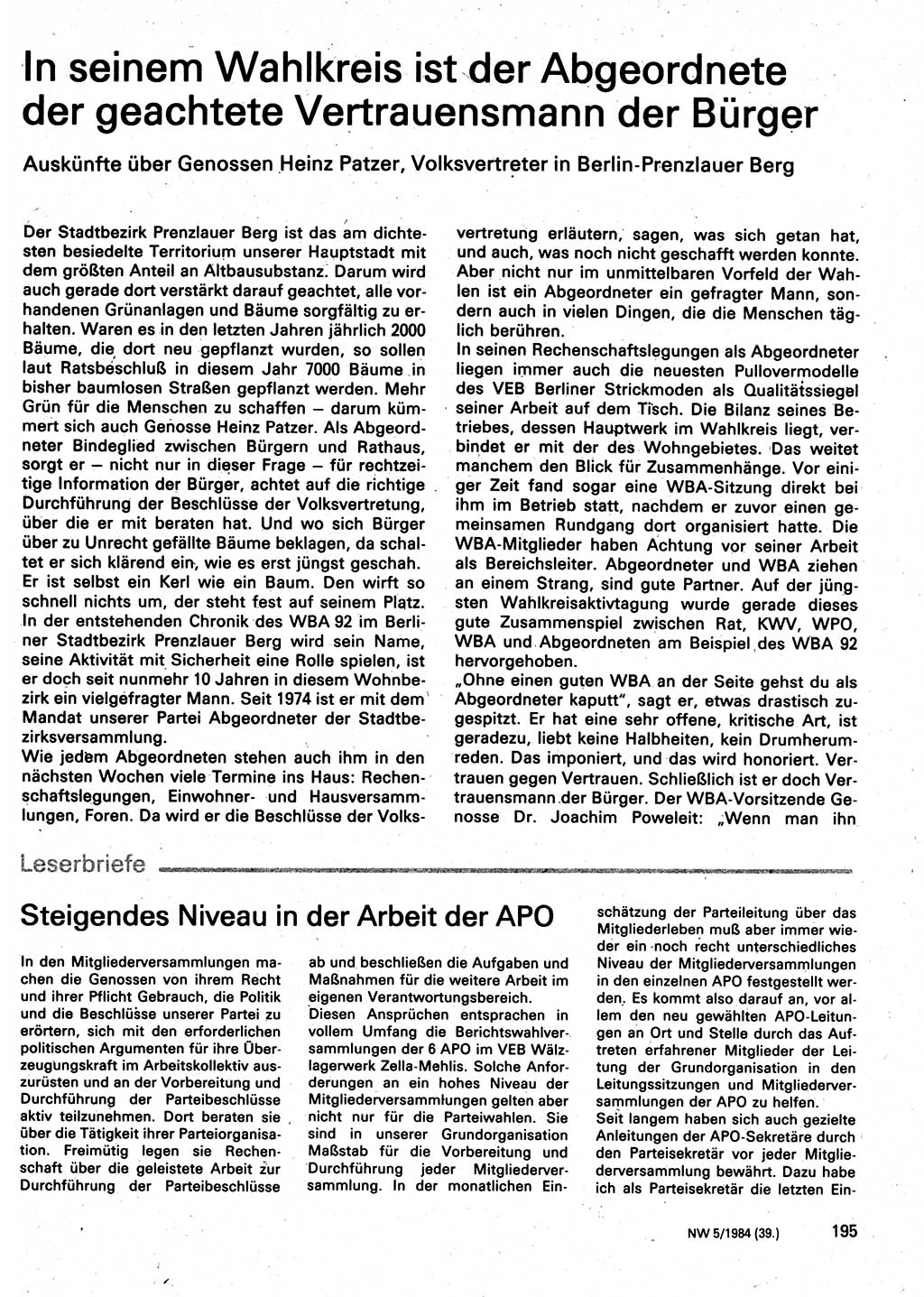 Neuer Weg (NW), Organ des Zentralkomitees (ZK) der SED (Sozialistische Einheitspartei Deutschlands) für Fragen des Parteilebens, 39. Jahrgang [Deutsche Demokratische Republik (DDR)] 1984, Seite 195 (NW ZK SED DDR 1984, S. 195)