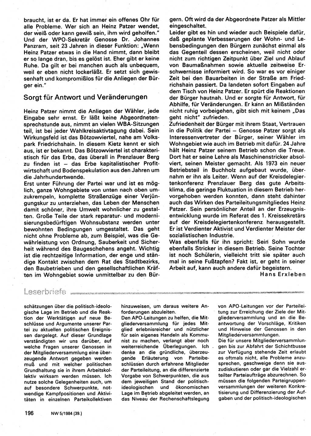 Neuer Weg (NW), Organ des Zentralkomitees (ZK) der SED (Sozialistische Einheitspartei Deutschlands) für Fragen des Parteilebens, 39. Jahrgang [Deutsche Demokratische Republik (DDR)] 1984, Seite 196 (NW ZK SED DDR 1984, S. 196)