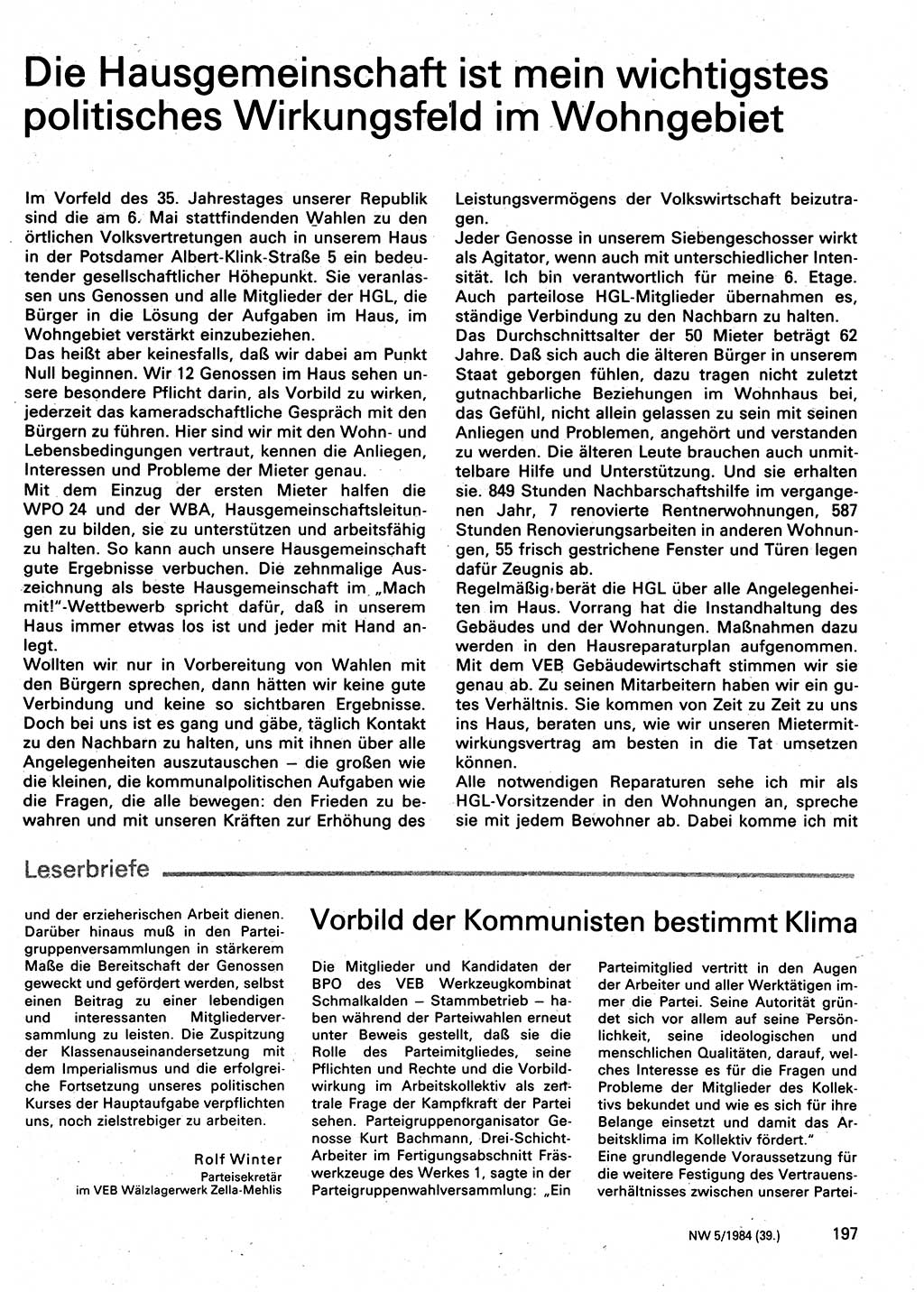 Neuer Weg (NW), Organ des Zentralkomitees (ZK) der SED (Sozialistische Einheitspartei Deutschlands) für Fragen des Parteilebens, 39. Jahrgang [Deutsche Demokratische Republik (DDR)] 1984, Seite 197 (NW ZK SED DDR 1984, S. 197)