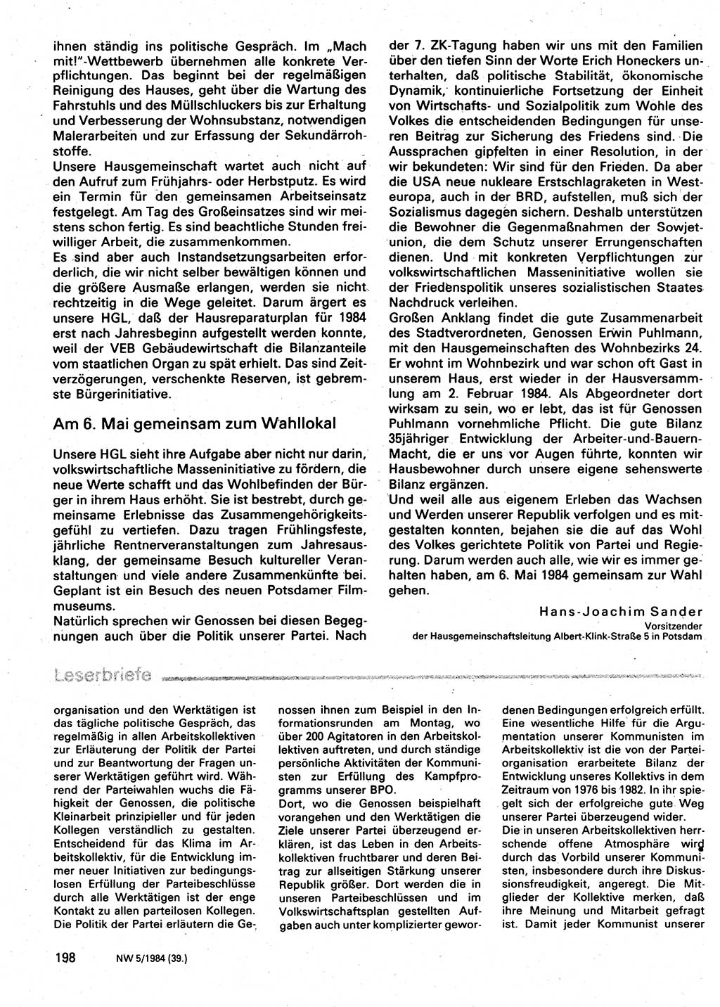 Neuer Weg (NW), Organ des Zentralkomitees (ZK) der SED (Sozialistische Einheitspartei Deutschlands) für Fragen des Parteilebens, 39. Jahrgang [Deutsche Demokratische Republik (DDR)] 1984, Seite 198 (NW ZK SED DDR 1984, S. 198)