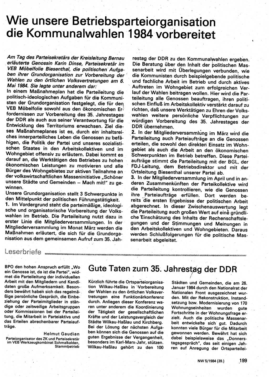 Neuer Weg (NW), Organ des Zentralkomitees (ZK) der SED (Sozialistische Einheitspartei Deutschlands) für Fragen des Parteilebens, 39. Jahrgang [Deutsche Demokratische Republik (DDR)] 1984, Seite 199 (NW ZK SED DDR 1984, S. 199)