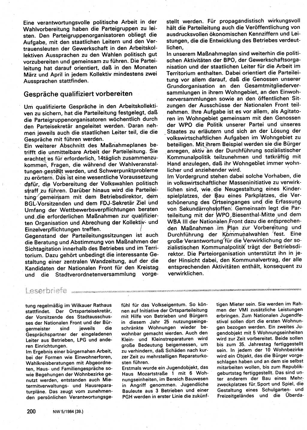 Neuer Weg (NW), Organ des Zentralkomitees (ZK) der SED (Sozialistische Einheitspartei Deutschlands) für Fragen des Parteilebens, 39. Jahrgang [Deutsche Demokratische Republik (DDR)] 1984, Seite 200 (NW ZK SED DDR 1984, S. 200)