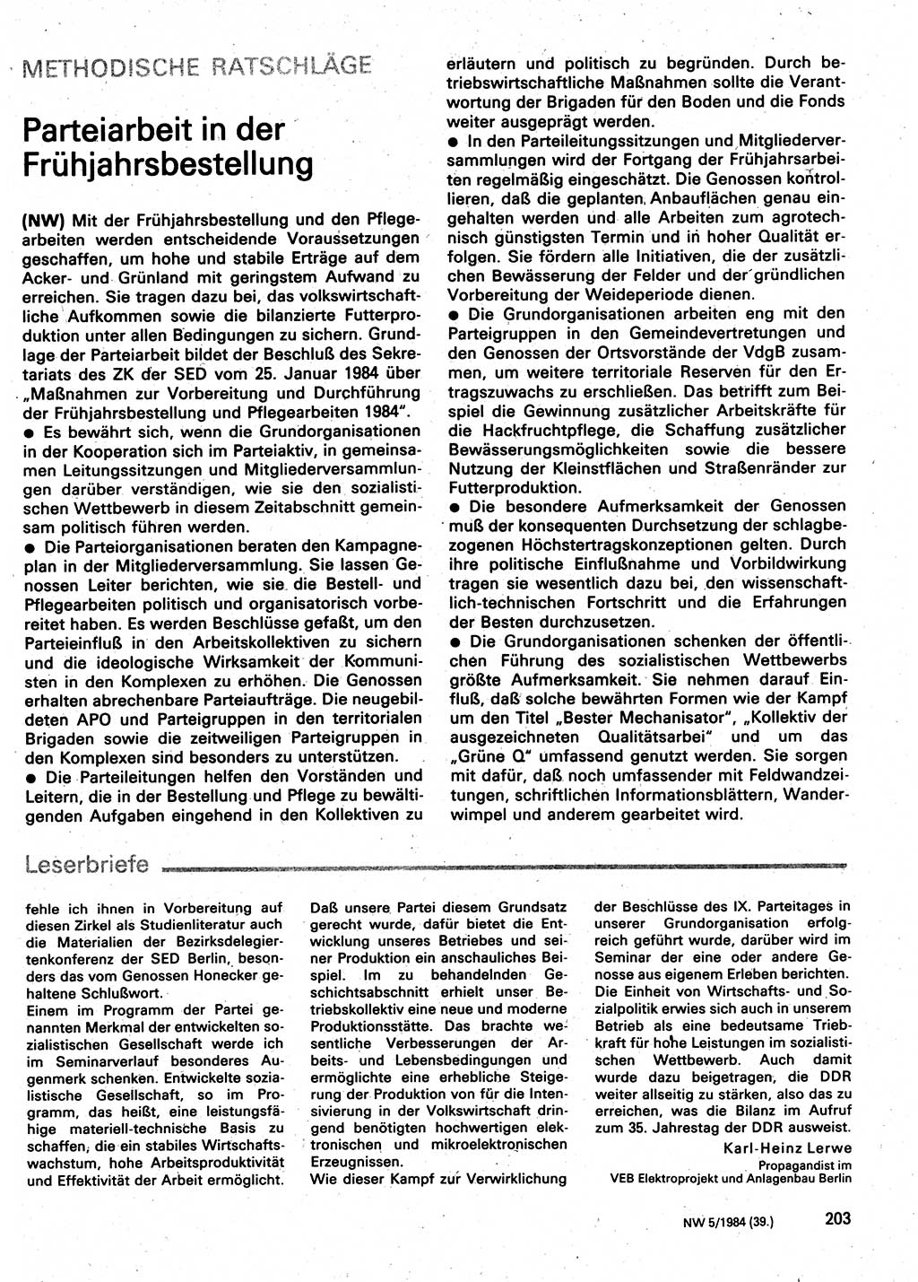 Neuer Weg (NW), Organ des Zentralkomitees (ZK) der SED (Sozialistische Einheitspartei Deutschlands) für Fragen des Parteilebens, 39. Jahrgang [Deutsche Demokratische Republik (DDR)] 1984, Seite 203 (NW ZK SED DDR 1984, S. 203)