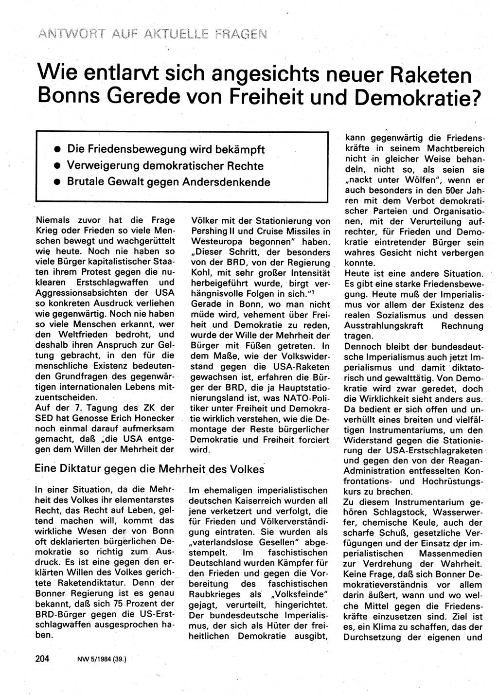 Neuer Weg (NW), Organ des Zentralkomitees (ZK) der SED (Sozialistische Einheitspartei Deutschlands) für Fragen des Parteilebens, 39. Jahrgang [Deutsche Demokratische Republik (DDR)] 1984, Seite 204 (NW ZK SED DDR 1984, S. 204)