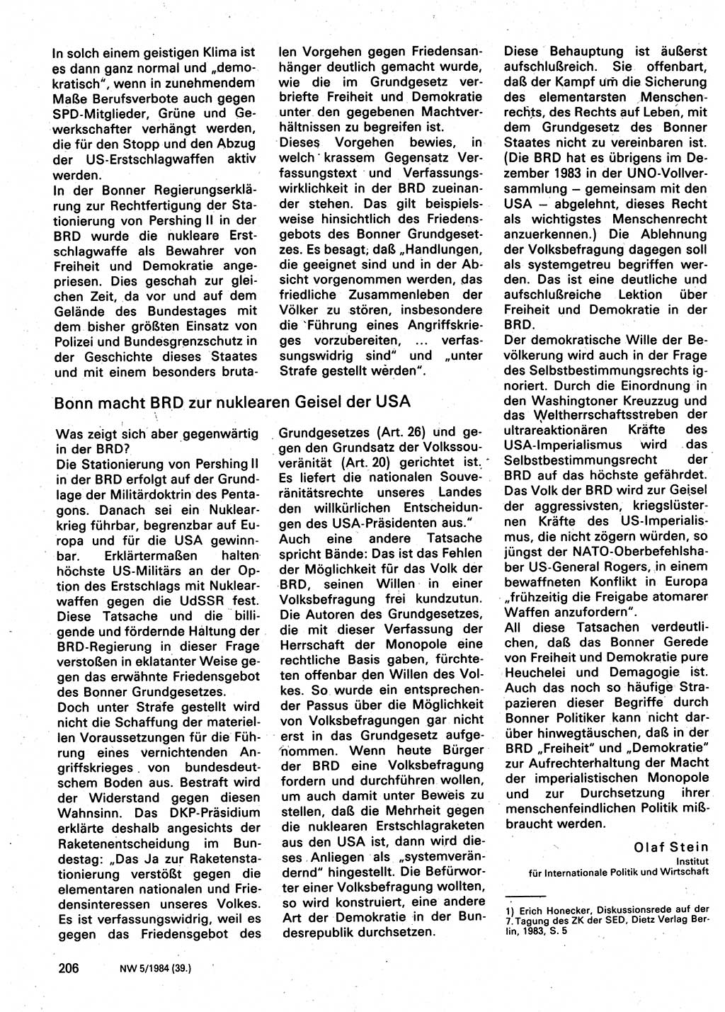 Neuer Weg (NW), Organ des Zentralkomitees (ZK) der SED (Sozialistische Einheitspartei Deutschlands) für Fragen des Parteilebens, 39. Jahrgang [Deutsche Demokratische Republik (DDR)] 1984, Seite 206 (NW ZK SED DDR 1984, S. 206)