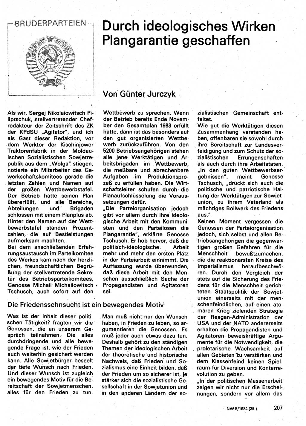 Neuer Weg (NW), Organ des Zentralkomitees (ZK) der SED (Sozialistische Einheitspartei Deutschlands) für Fragen des Parteilebens, 39. Jahrgang [Deutsche Demokratische Republik (DDR)] 1984, Seite 207 (NW ZK SED DDR 1984, S. 207)