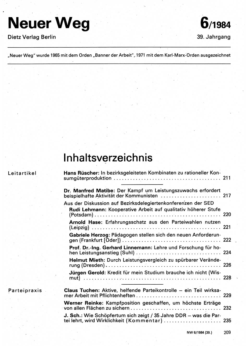 Neuer Weg (NW), Organ des Zentralkomitees (ZK) der SED (Sozialistische Einheitspartei Deutschlands) für Fragen des Parteilebens, 39. Jahrgang [Deutsche Demokratische Republik (DDR)] 1984, Seite 209 (NW ZK SED DDR 1984, S. 209)