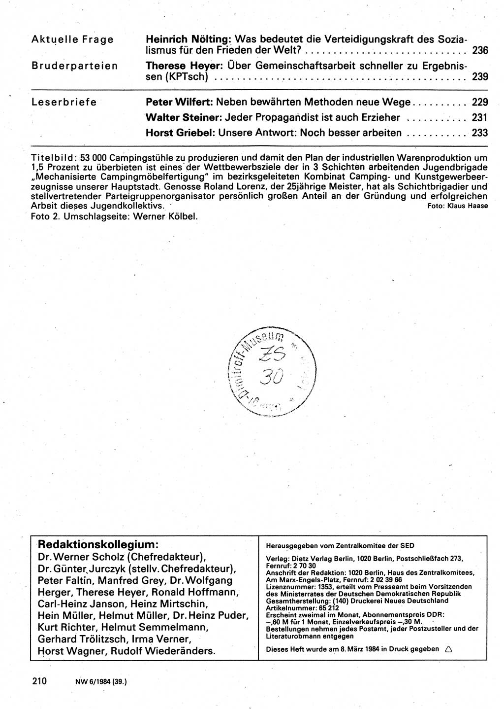 Neuer Weg (NW), Organ des Zentralkomitees (ZK) der SED (Sozialistische Einheitspartei Deutschlands) für Fragen des Parteilebens, 39. Jahrgang [Deutsche Demokratische Republik (DDR)] 1984, Seite 210 (NW ZK SED DDR 1984, S. 210)