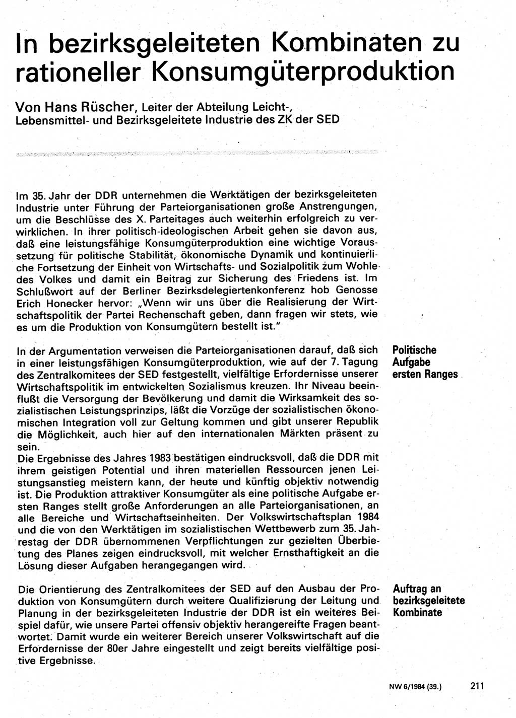 Neuer Weg (NW), Organ des Zentralkomitees (ZK) der SED (Sozialistische Einheitspartei Deutschlands) für Fragen des Parteilebens, 39. Jahrgang [Deutsche Demokratische Republik (DDR)] 1984, Seite 211 (NW ZK SED DDR 1984, S. 211)