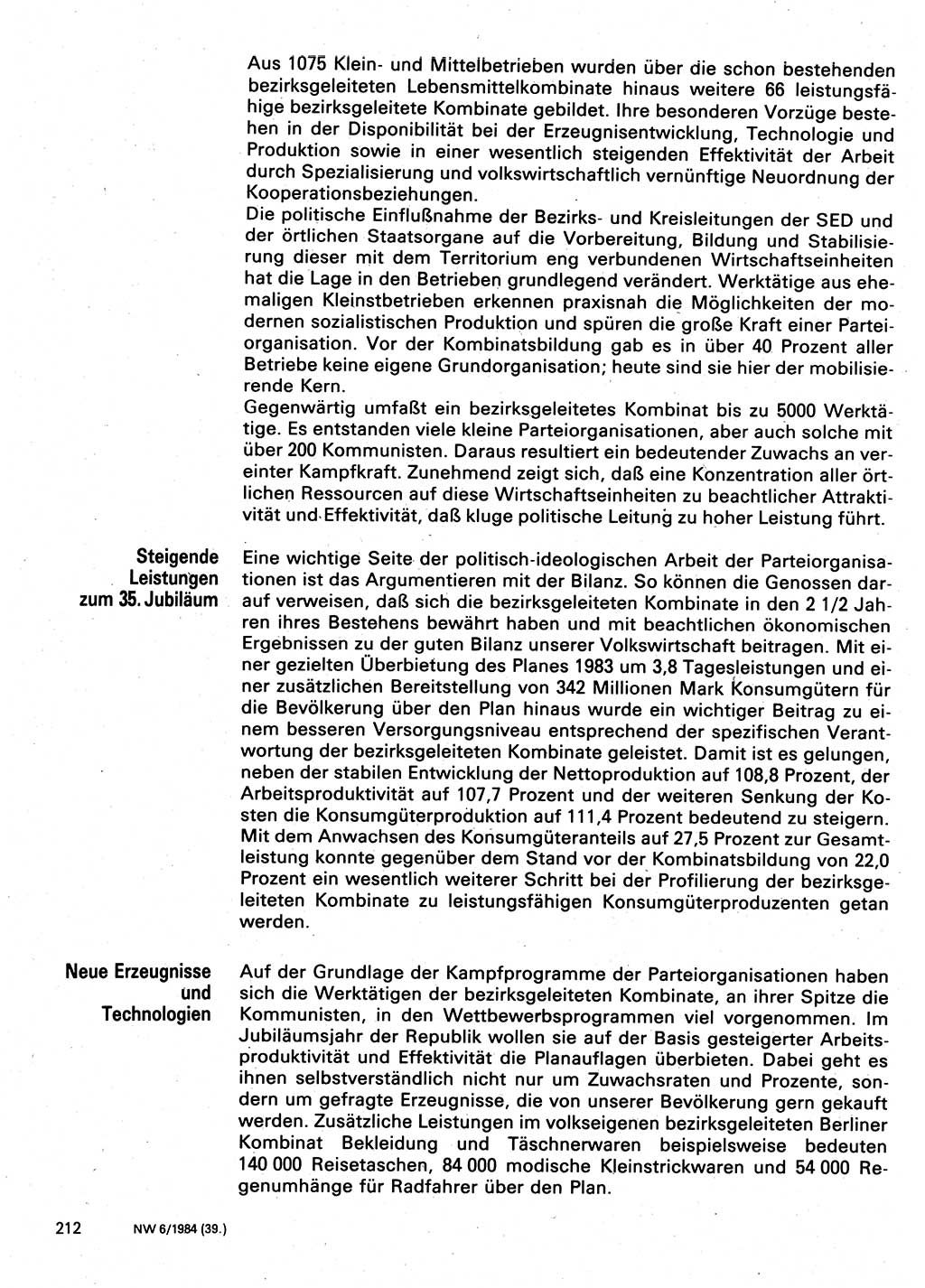 Neuer Weg (NW), Organ des Zentralkomitees (ZK) der SED (Sozialistische Einheitspartei Deutschlands) für Fragen des Parteilebens, 39. Jahrgang [Deutsche Demokratische Republik (DDR)] 1984, Seite 212 (NW ZK SED DDR 1984, S. 212)