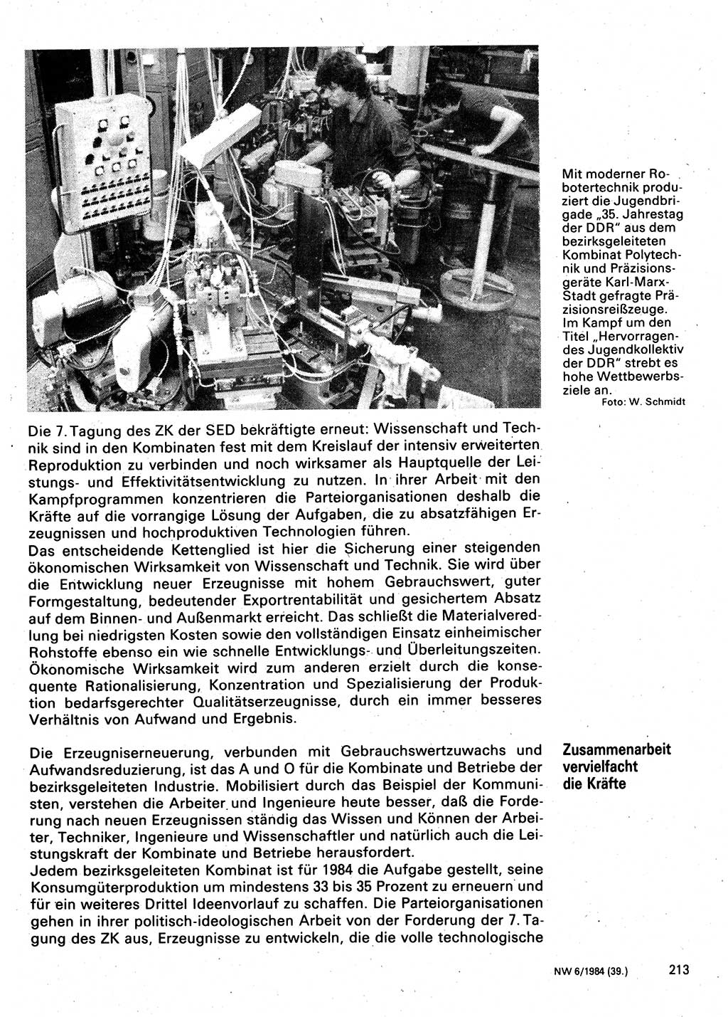 Neuer Weg (NW), Organ des Zentralkomitees (ZK) der SED (Sozialistische Einheitspartei Deutschlands) für Fragen des Parteilebens, 39. Jahrgang [Deutsche Demokratische Republik (DDR)] 1984, Seite 213 (NW ZK SED DDR 1984, S. 213)