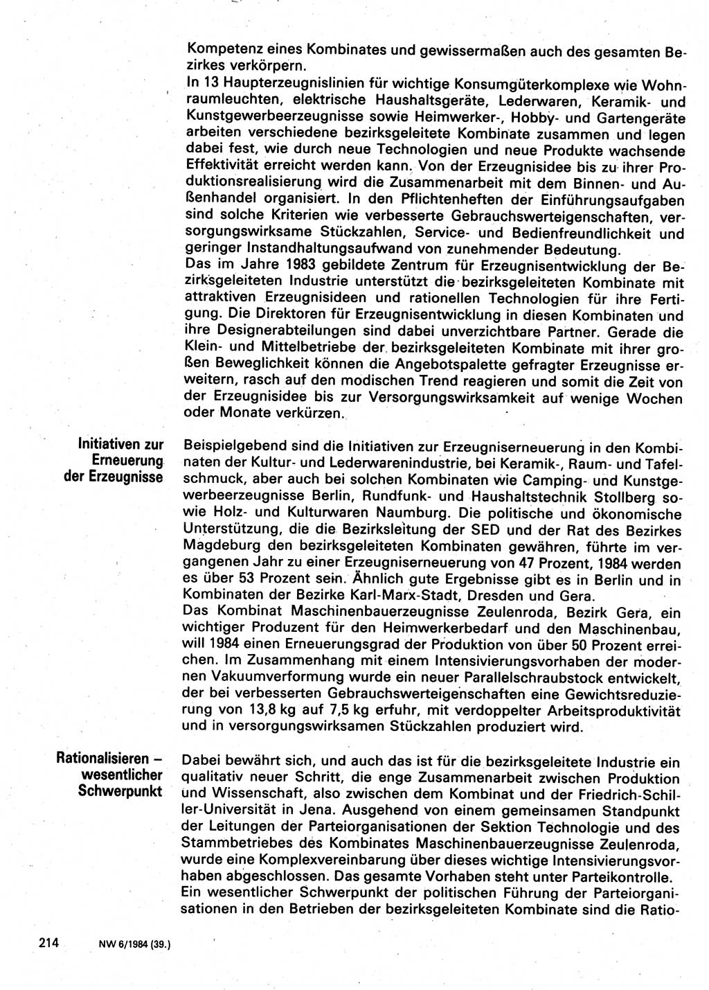 Neuer Weg (NW), Organ des Zentralkomitees (ZK) der SED (Sozialistische Einheitspartei Deutschlands) für Fragen des Parteilebens, 39. Jahrgang [Deutsche Demokratische Republik (DDR)] 1984, Seite 214 (NW ZK SED DDR 1984, S. 214)