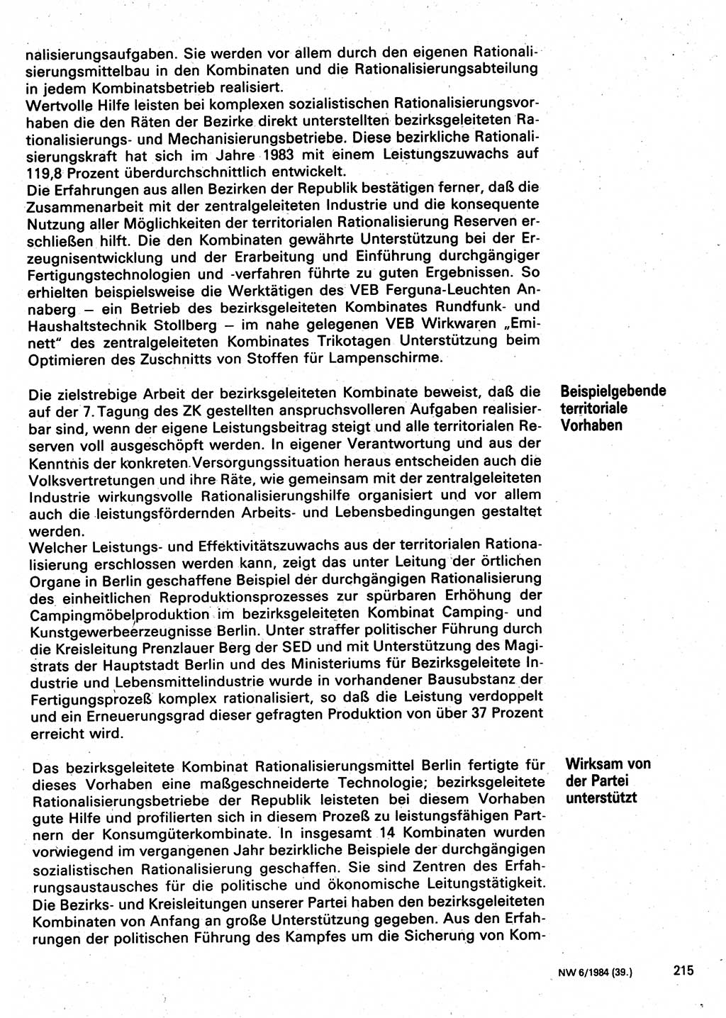 Neuer Weg (NW), Organ des Zentralkomitees (ZK) der SED (Sozialistische Einheitspartei Deutschlands) für Fragen des Parteilebens, 39. Jahrgang [Deutsche Demokratische Republik (DDR)] 1984, Seite 215 (NW ZK SED DDR 1984, S. 215)