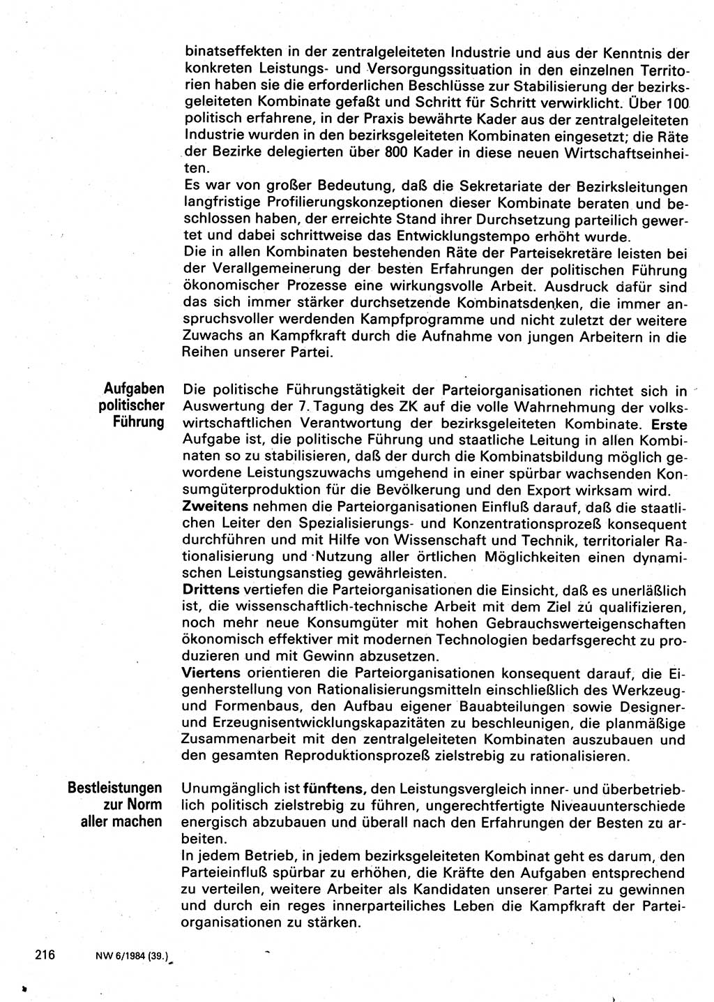 Neuer Weg (NW), Organ des Zentralkomitees (ZK) der SED (Sozialistische Einheitspartei Deutschlands) für Fragen des Parteilebens, 39. Jahrgang [Deutsche Demokratische Republik (DDR)] 1984, Seite 216 (NW ZK SED DDR 1984, S. 216)