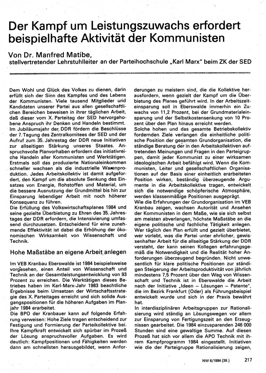 Neuer Weg (NW), Organ des Zentralkomitees (ZK) der SED (Sozialistische Einheitspartei Deutschlands) für Fragen des Parteilebens, 39. Jahrgang [Deutsche Demokratische Republik (DDR)] 1984, Seite 217 (NW ZK SED DDR 1984, S. 217)