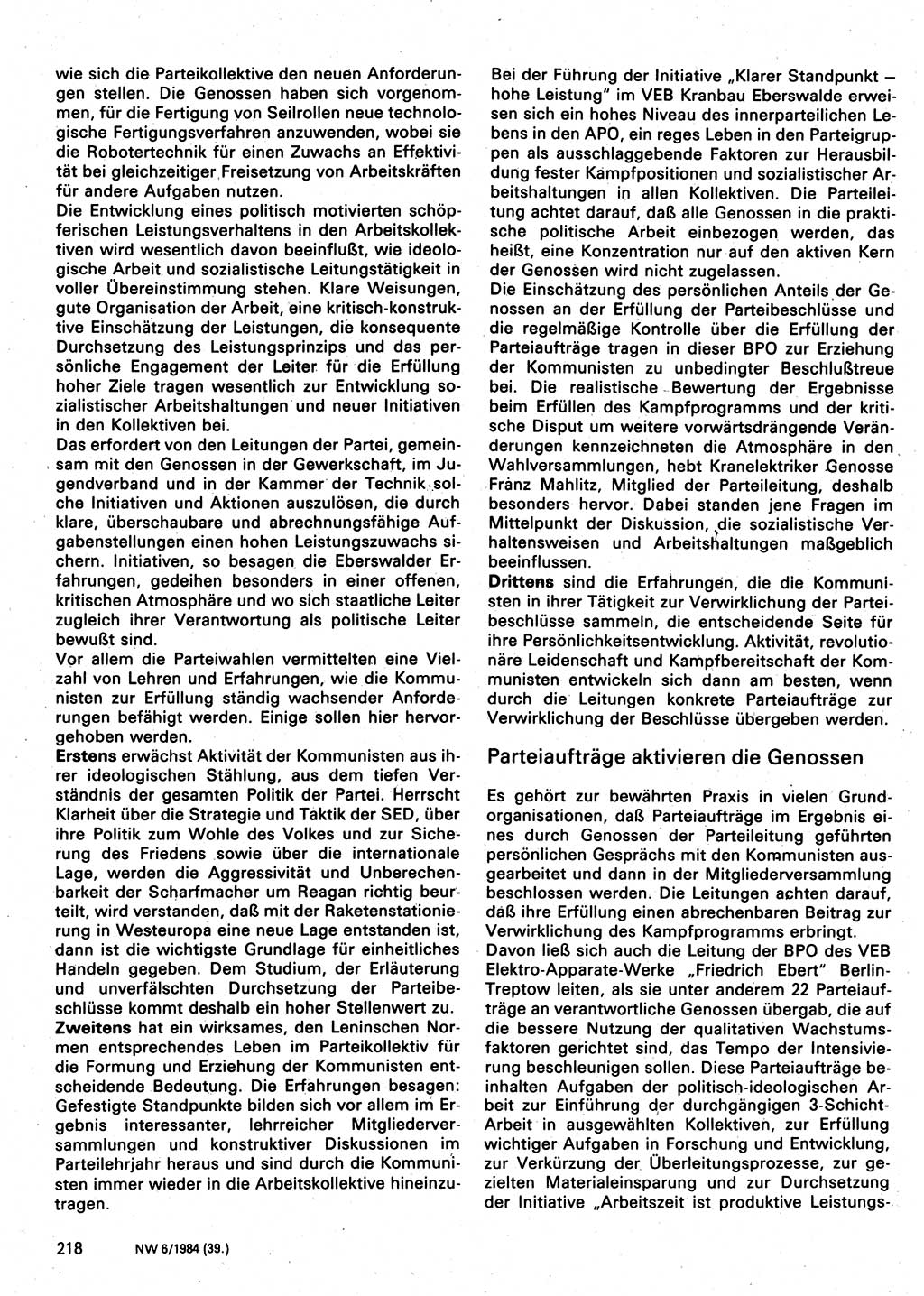 Neuer Weg (NW), Organ des Zentralkomitees (ZK) der SED (Sozialistische Einheitspartei Deutschlands) für Fragen des Parteilebens, 39. Jahrgang [Deutsche Demokratische Republik (DDR)] 1984, Seite 218 (NW ZK SED DDR 1984, S. 218)