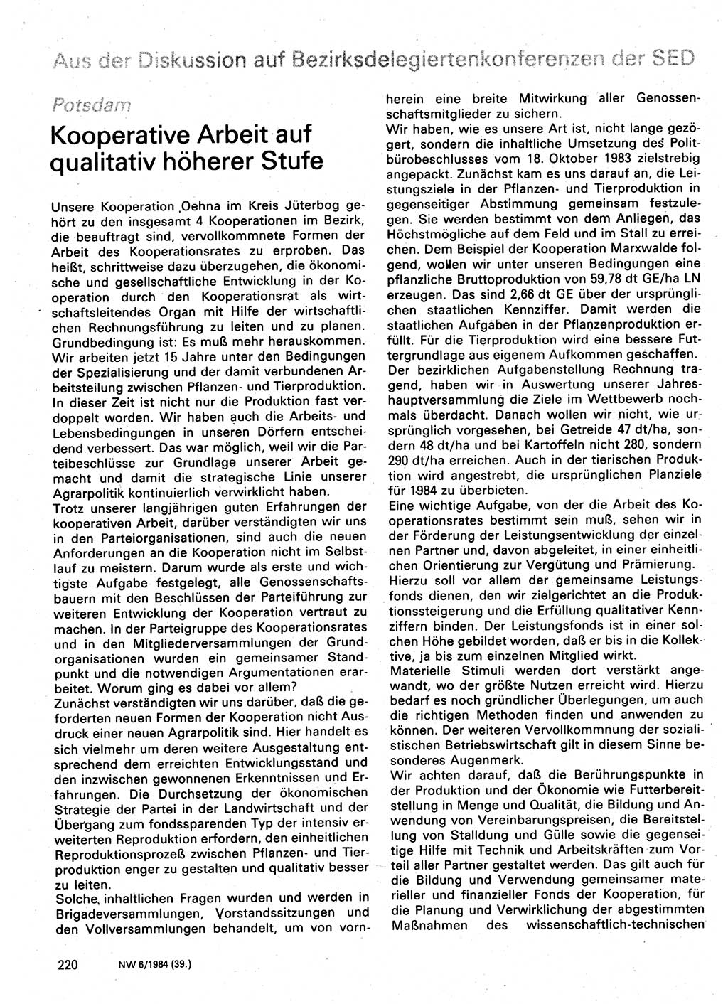 Neuer Weg (NW), Organ des Zentralkomitees (ZK) der SED (Sozialistische Einheitspartei Deutschlands) für Fragen des Parteilebens, 39. Jahrgang [Deutsche Demokratische Republik (DDR)] 1984, Seite 220 (NW ZK SED DDR 1984, S. 220)