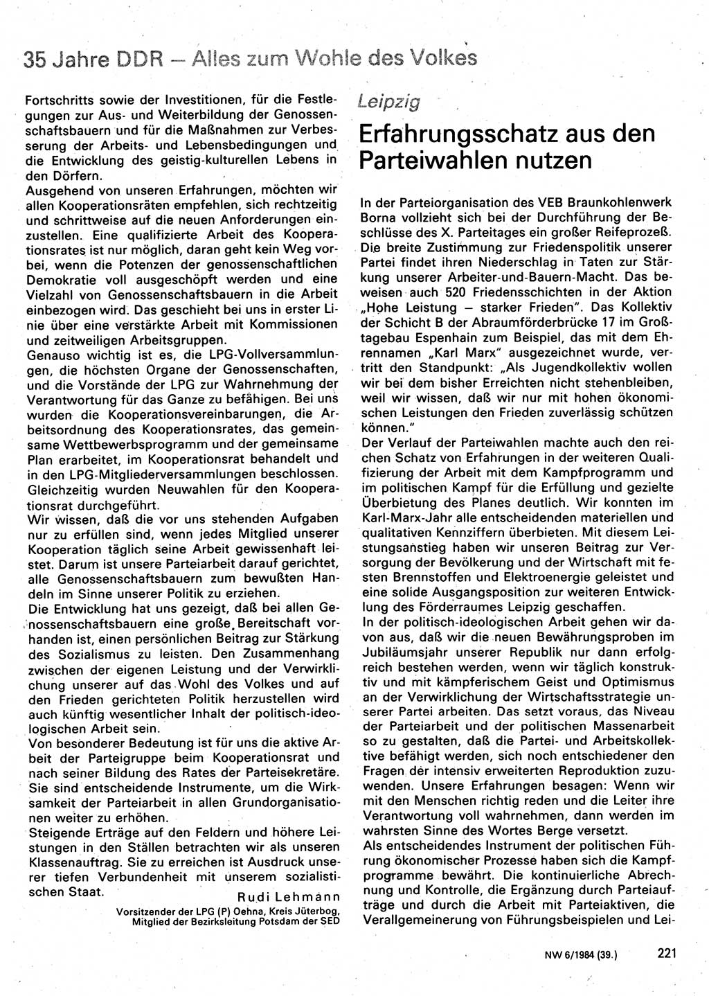 Neuer Weg (NW), Organ des Zentralkomitees (ZK) der SED (Sozialistische Einheitspartei Deutschlands) für Fragen des Parteilebens, 39. Jahrgang [Deutsche Demokratische Republik (DDR)] 1984, Seite 221 (NW ZK SED DDR 1984, S. 221)