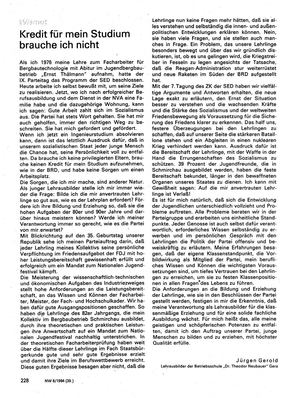 Neuer Weg (NW), Organ des Zentralkomitees (ZK) der SED (Sozialistische Einheitspartei Deutschlands) für Fragen des Parteilebens, 39. Jahrgang [Deutsche Demokratische Republik (DDR)] 1984, Seite 228 (NW ZK SED DDR 1984, S. 228)