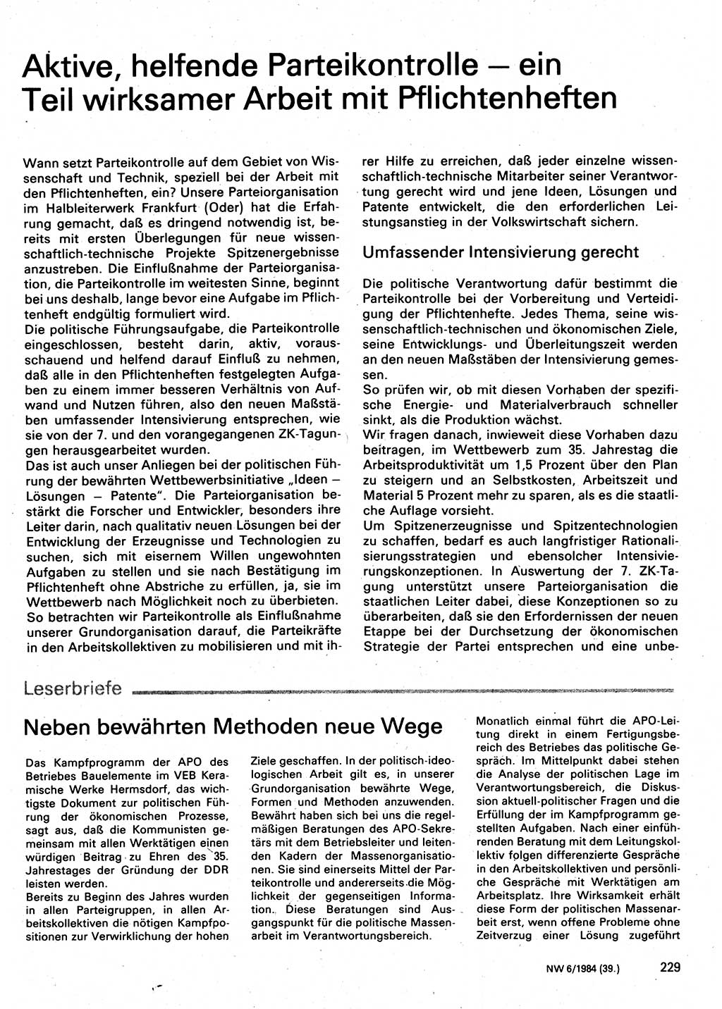 Neuer Weg (NW), Organ des Zentralkomitees (ZK) der SED (Sozialistische Einheitspartei Deutschlands) für Fragen des Parteilebens, 39. Jahrgang [Deutsche Demokratische Republik (DDR)] 1984, Seite 229 (NW ZK SED DDR 1984, S. 229)