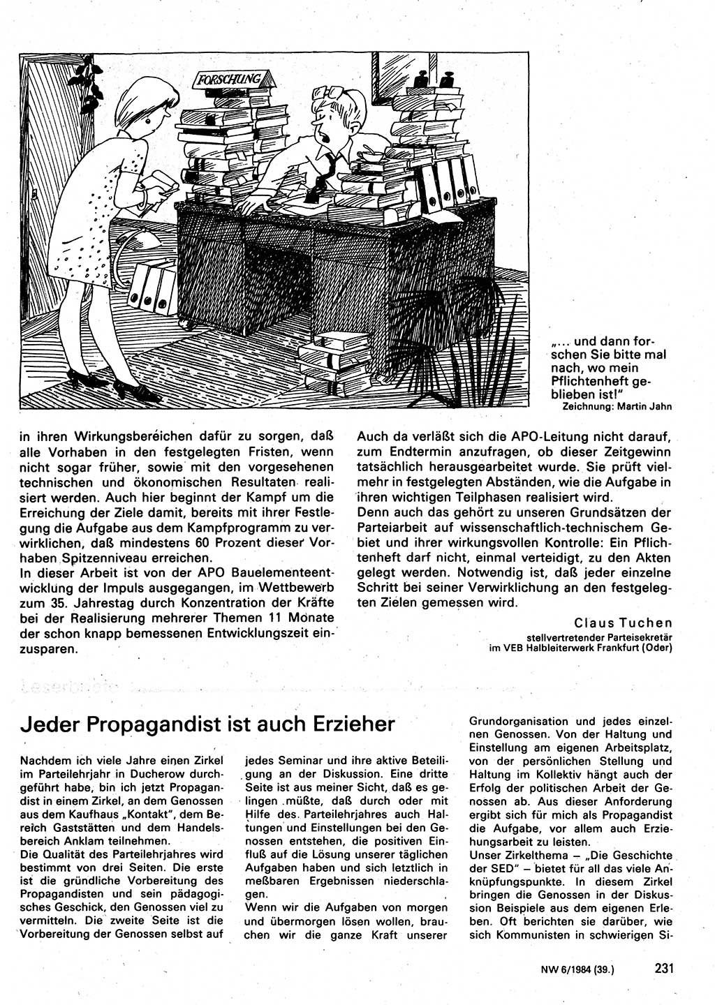 Neuer Weg (NW), Organ des Zentralkomitees (ZK) der SED (Sozialistische Einheitspartei Deutschlands) für Fragen des Parteilebens, 39. Jahrgang [Deutsche Demokratische Republik (DDR)] 1984, Seite 231 (NW ZK SED DDR 1984, S. 231)