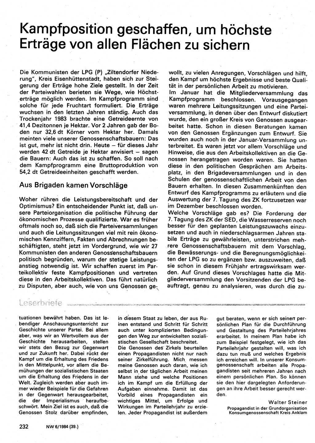 Neuer Weg (NW), Organ des Zentralkomitees (ZK) der SED (Sozialistische Einheitspartei Deutschlands) für Fragen des Parteilebens, 39. Jahrgang [Deutsche Demokratische Republik (DDR)] 1984, Seite 232 (NW ZK SED DDR 1984, S. 232)